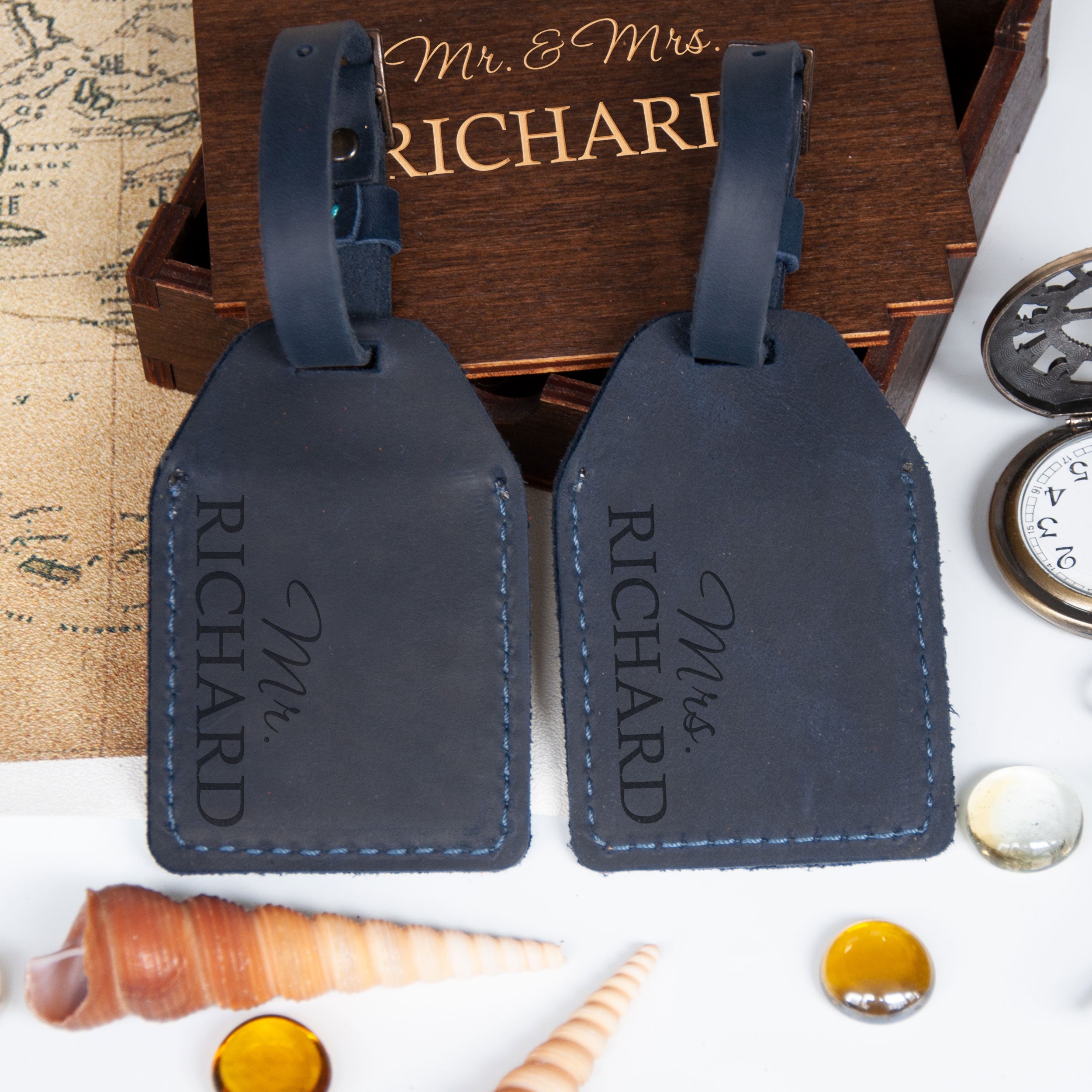 Personalized Leather Luggage Tags Set of 2 - Honeymoon Gifts for Mr & Mrs