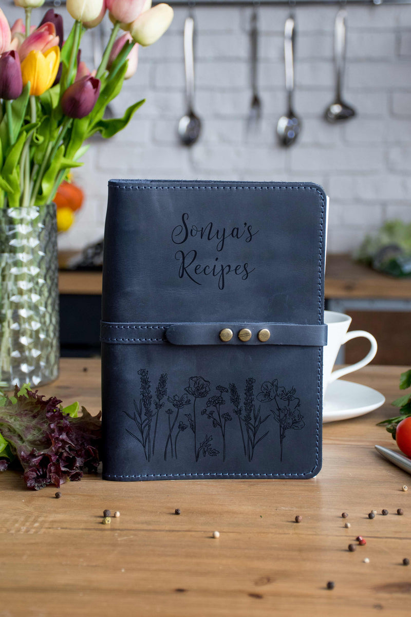 Leather Recipe Book with Flowers - Personalized Mothers Day Gift