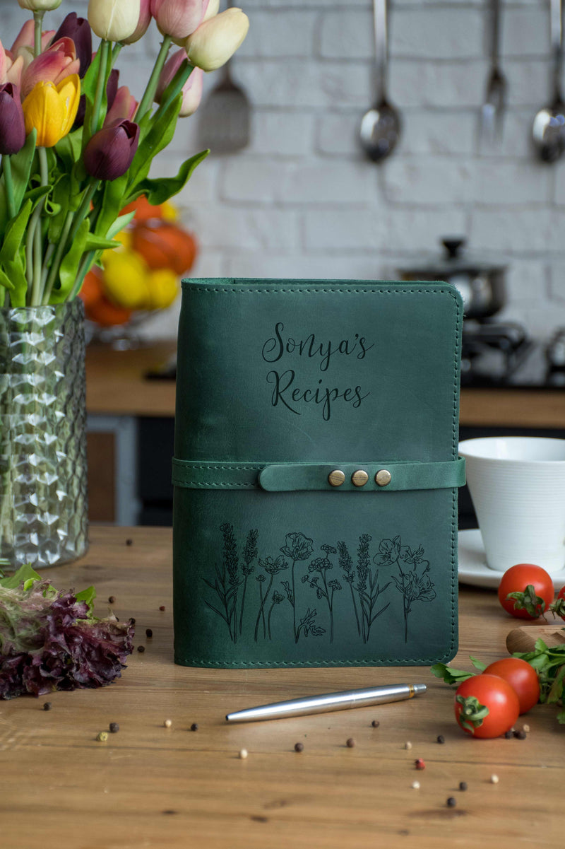 Leather Recipe Book with Flowers - Personalized Mothers Day Gift