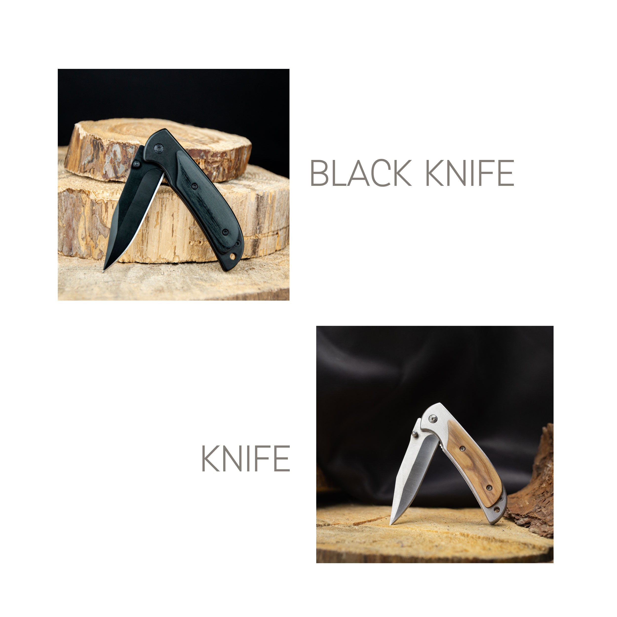 The image is a collage of two photographs. The top photograph shows a black knife resting on a wooden surface, while the bottom photograph depicts a knife with a wooden handle and silver blade.