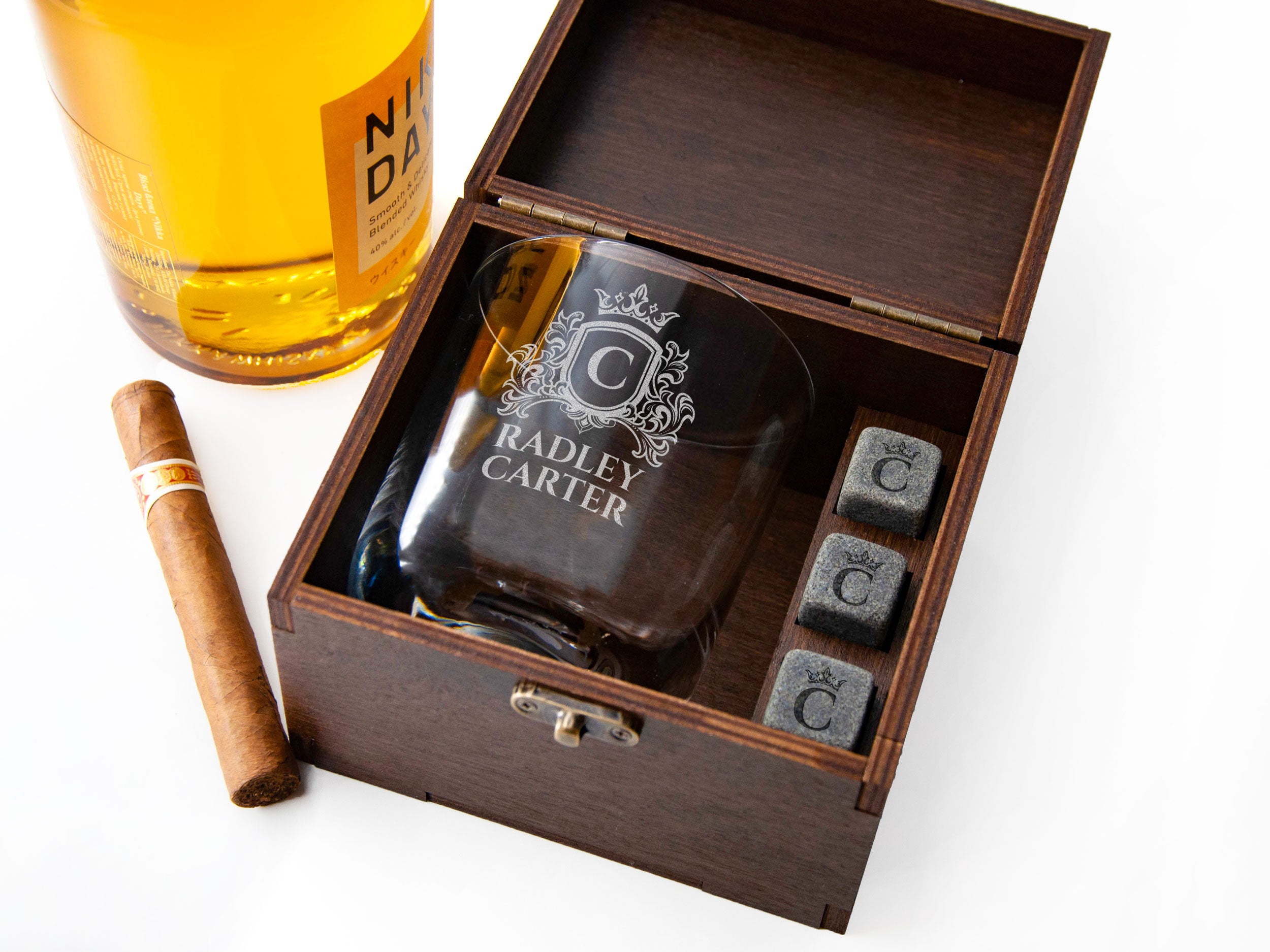 Personalized Whiskey Glass and Stones in Wooden Gift Box - Retirement Gift