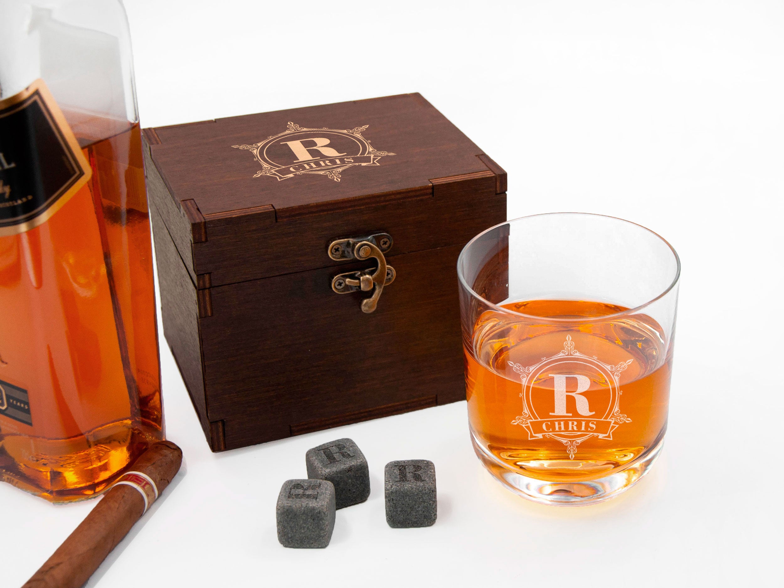 Personalized Whiskey Glass and Stones in Wooden Gift Box - Retirement Gift