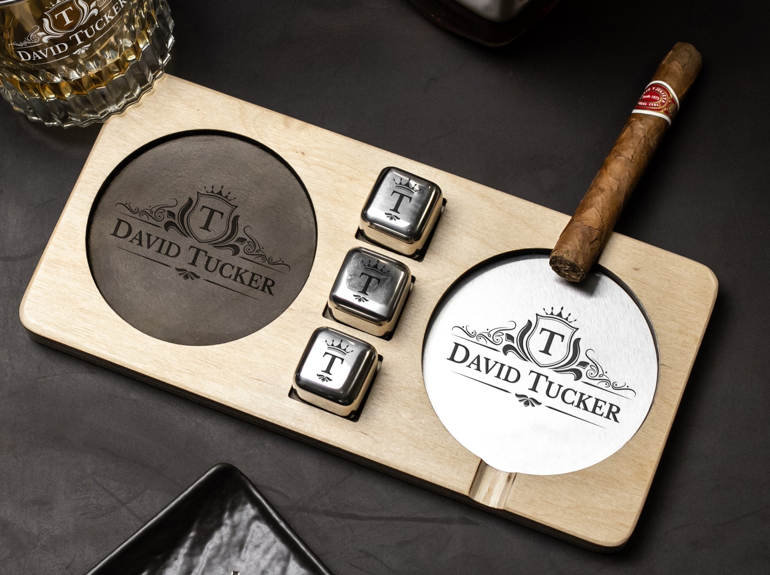 Personalized Whiskey Glass & Cigar Tray - Anniversary Gifts for Husband