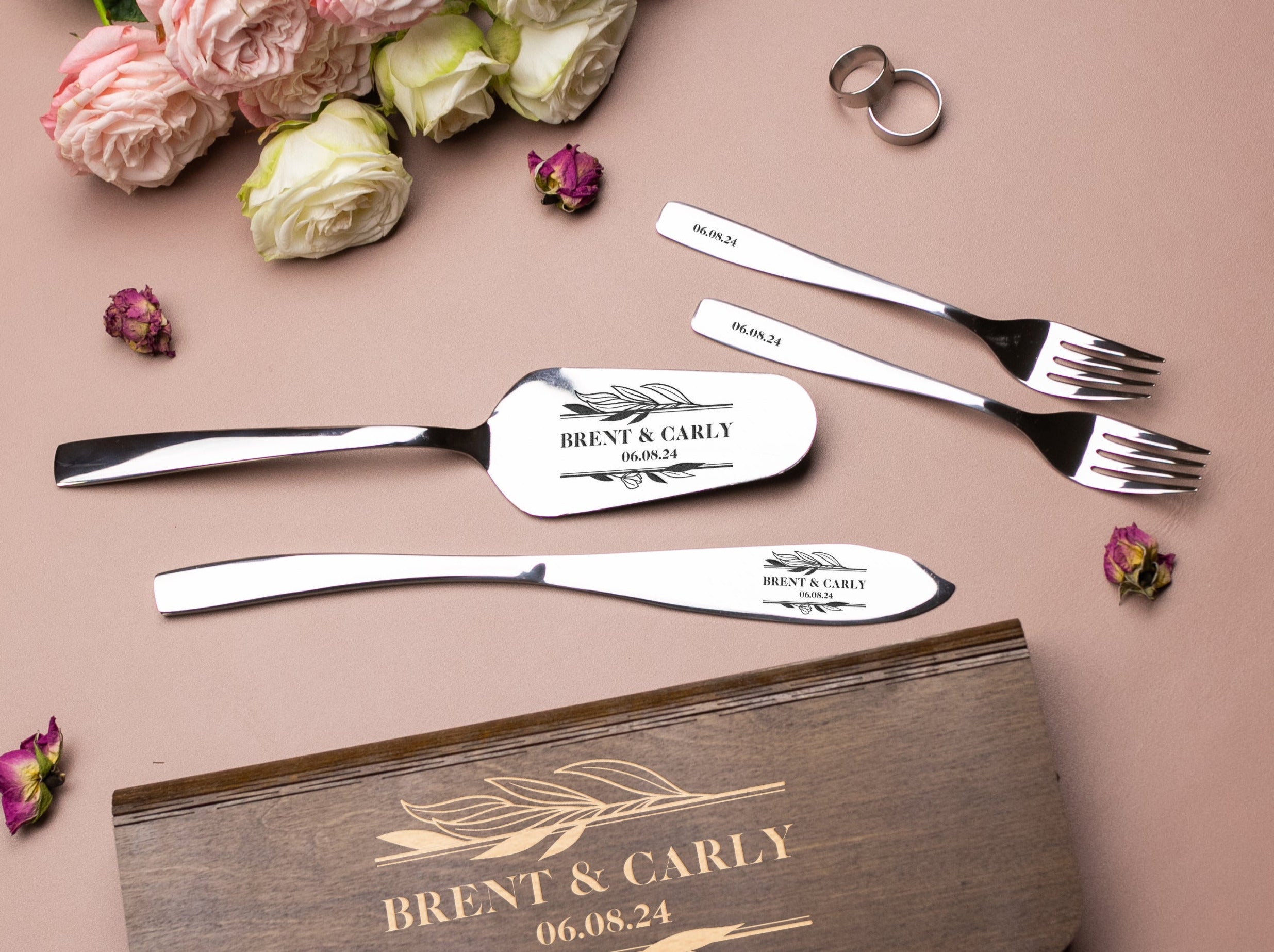 Custom wedding set cake server & knife anf forks - Personalized wedding gift for couple