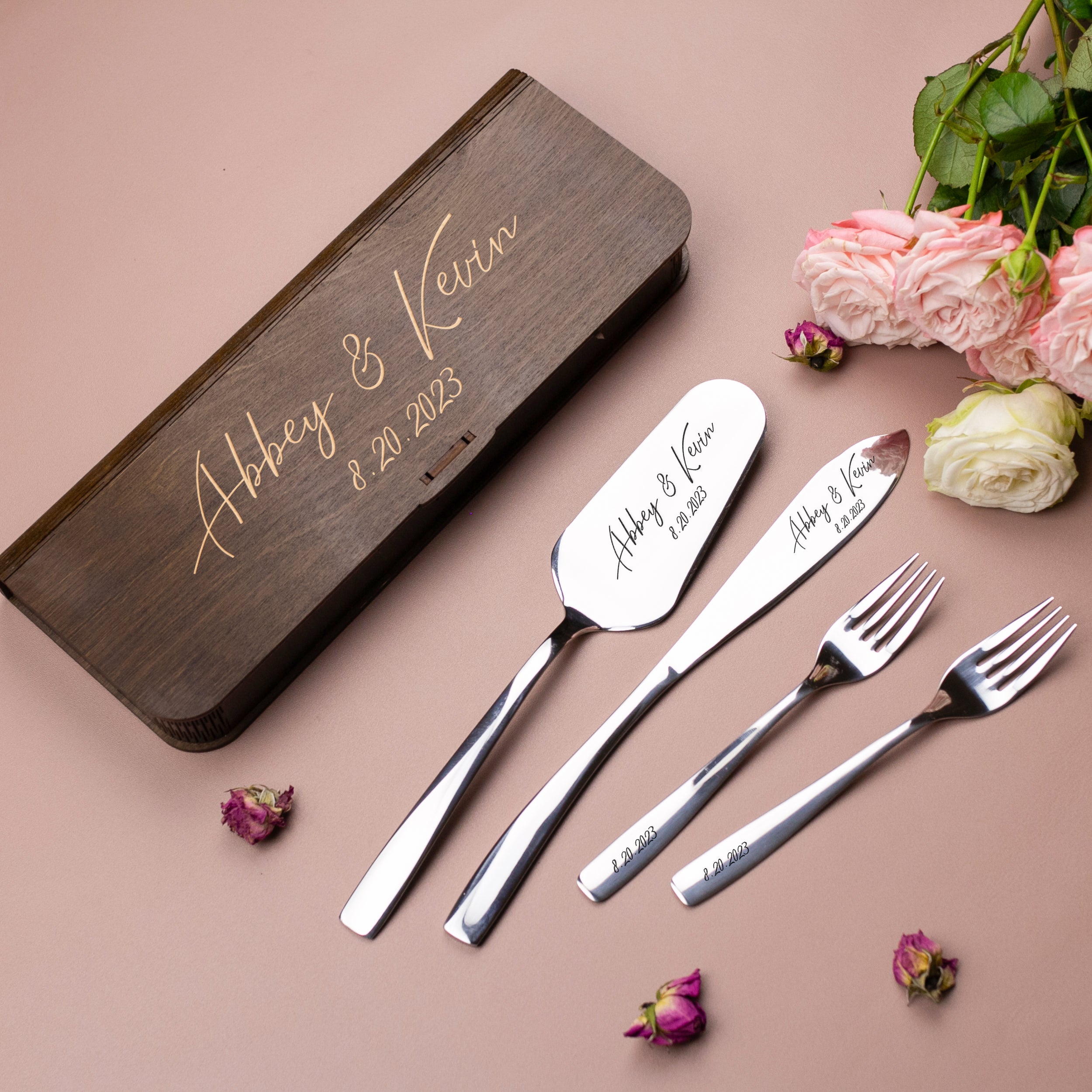 Engraved Cake Knife & Server with forks Set - Serving Accessories for Wedding