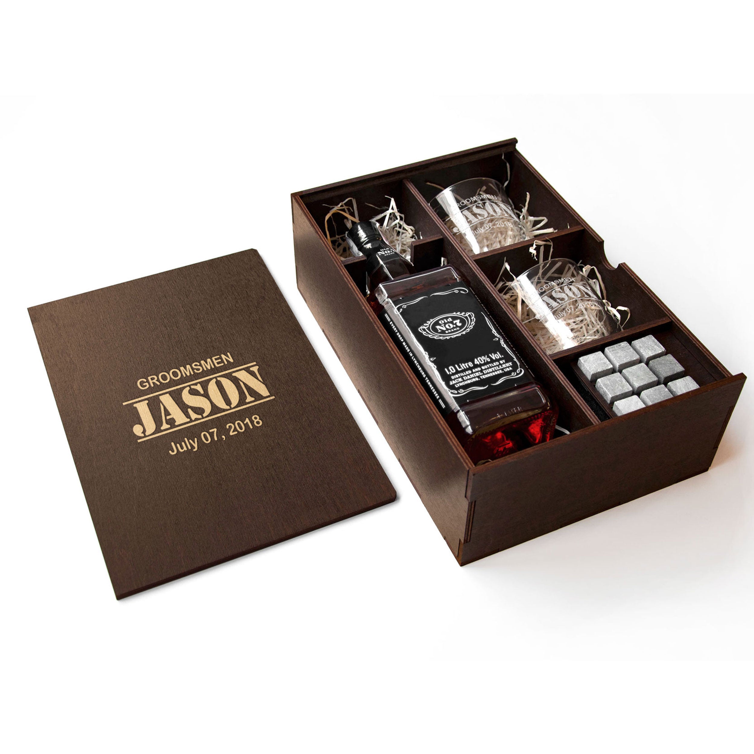 Etched Whisky Glasses & Stones Box Set