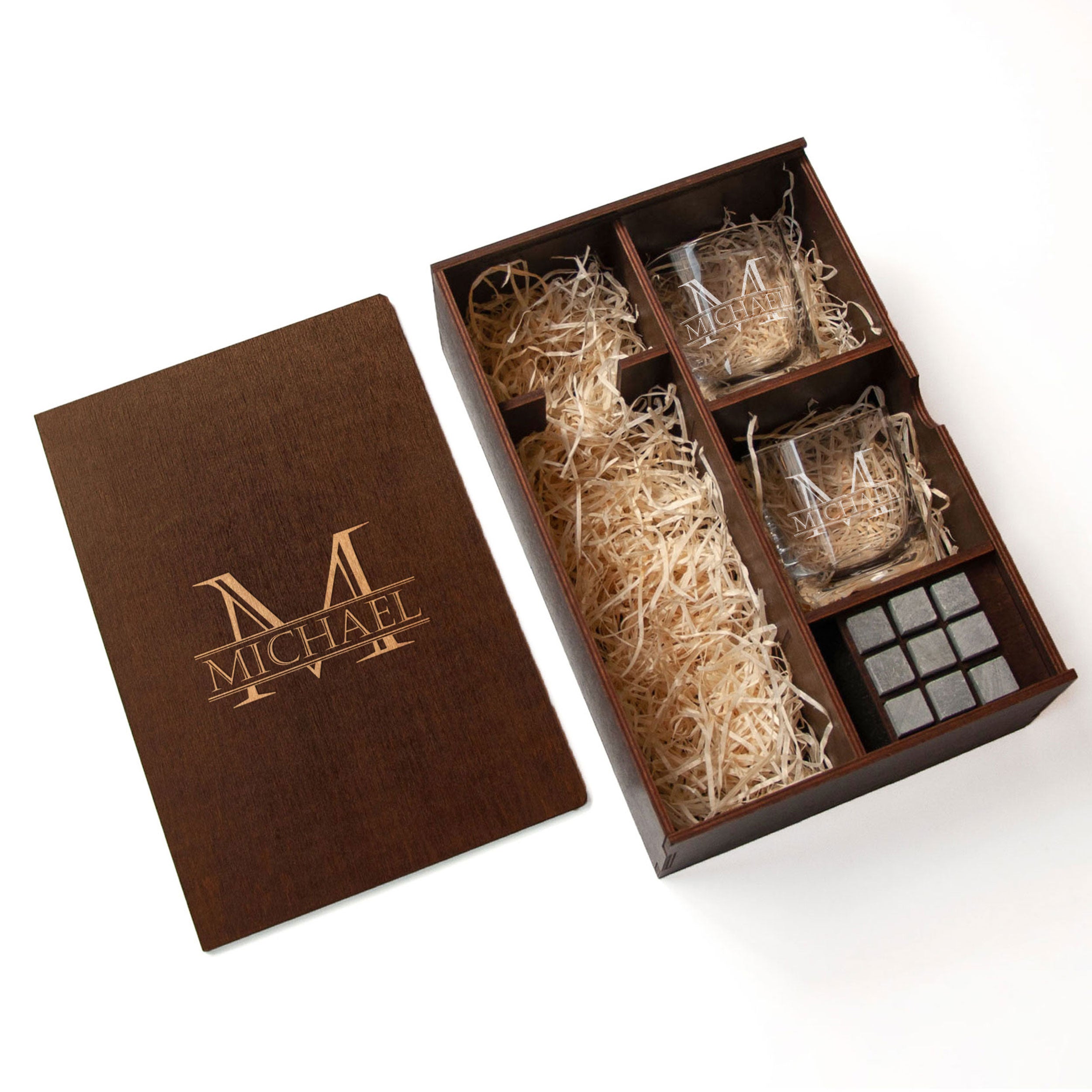 Etched Whisky Glasses & Stones Box Set