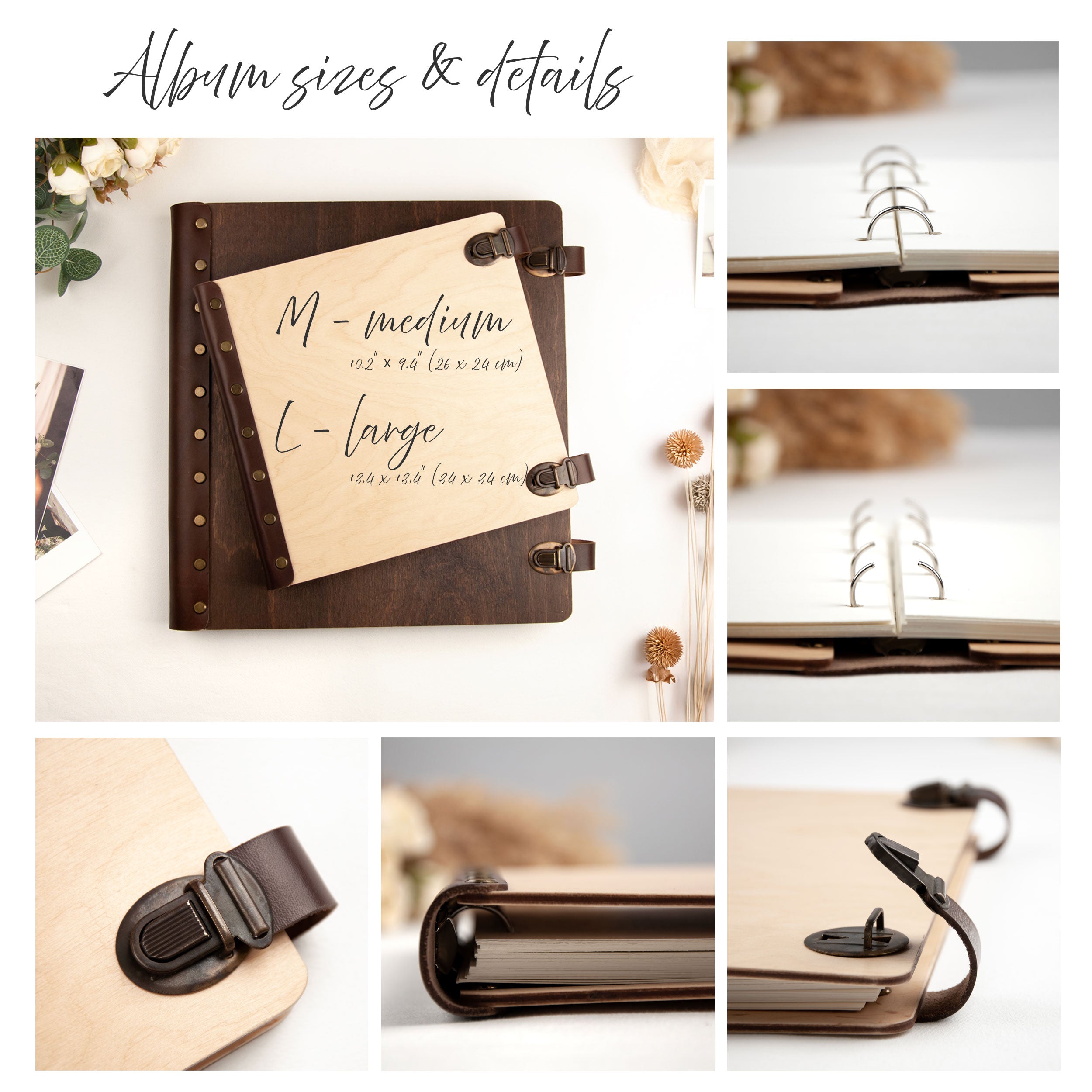 The image is a collage of various views of a wooden album, including the front, side, and back views. The album is described as having different sizes and details, such as a medium-sized album and a large-sized album.