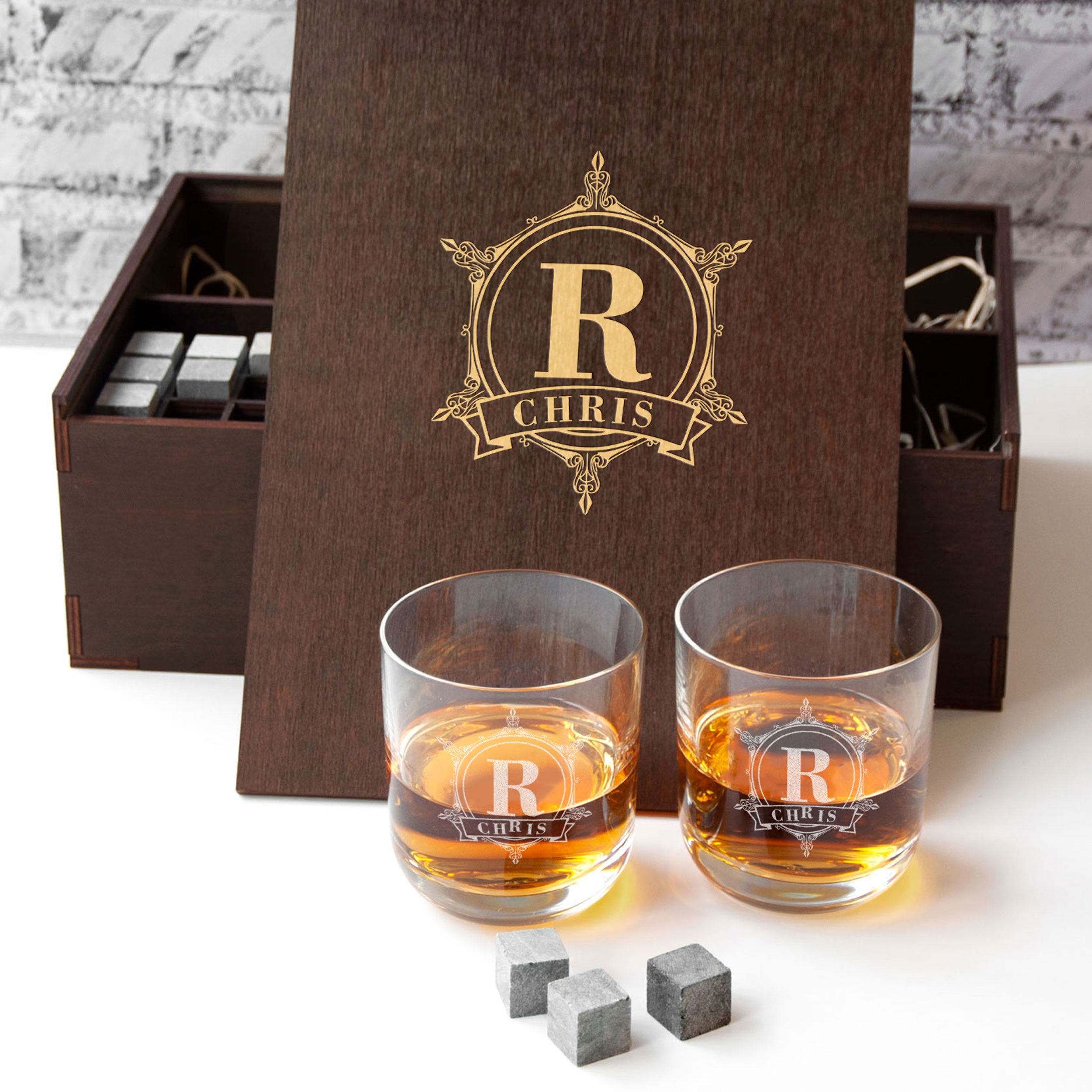 Etched Whisky Glasses & Stones Box Set