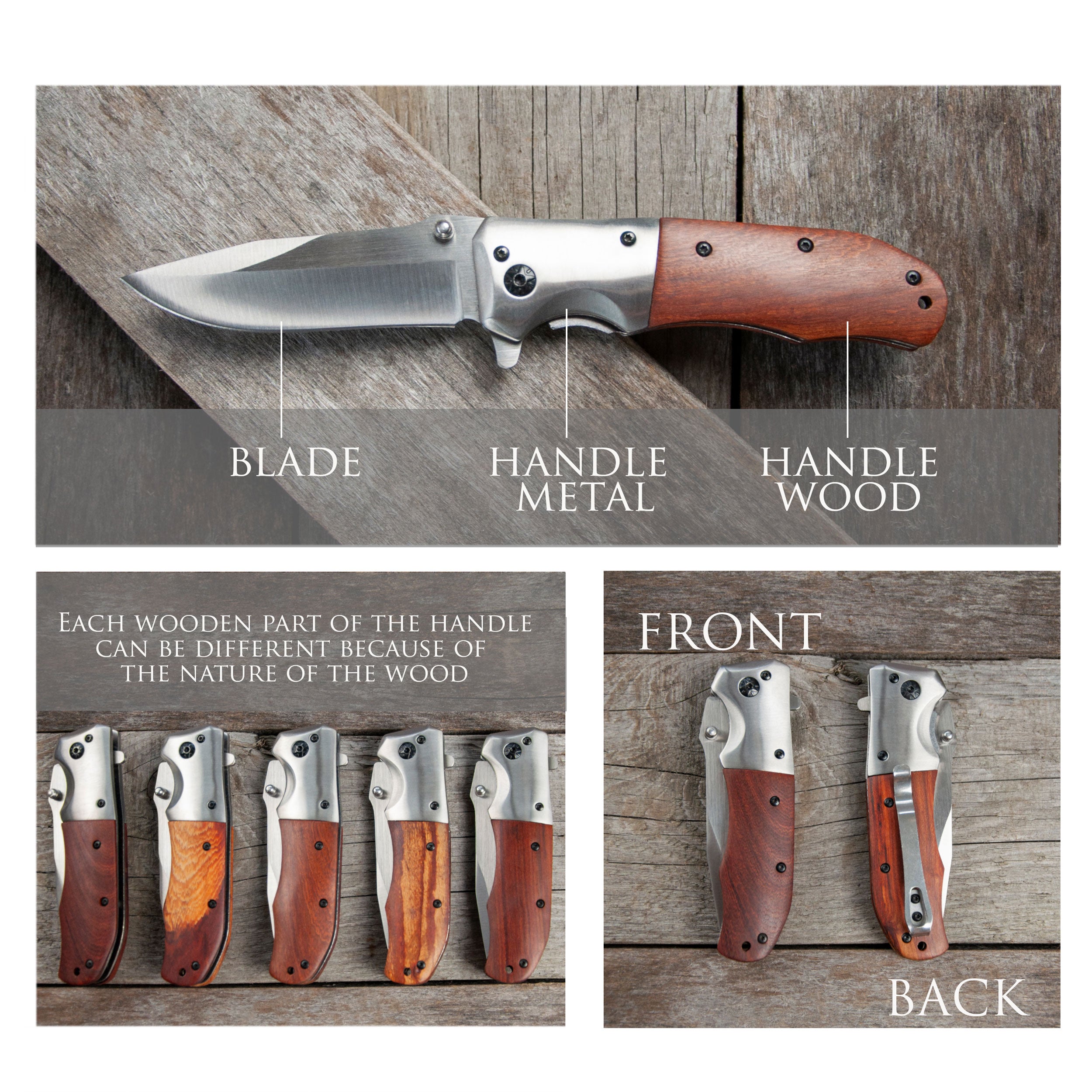 The image is a collage of three photos featuring a knife with wooden handle and blade, each with a different angle and perspective.