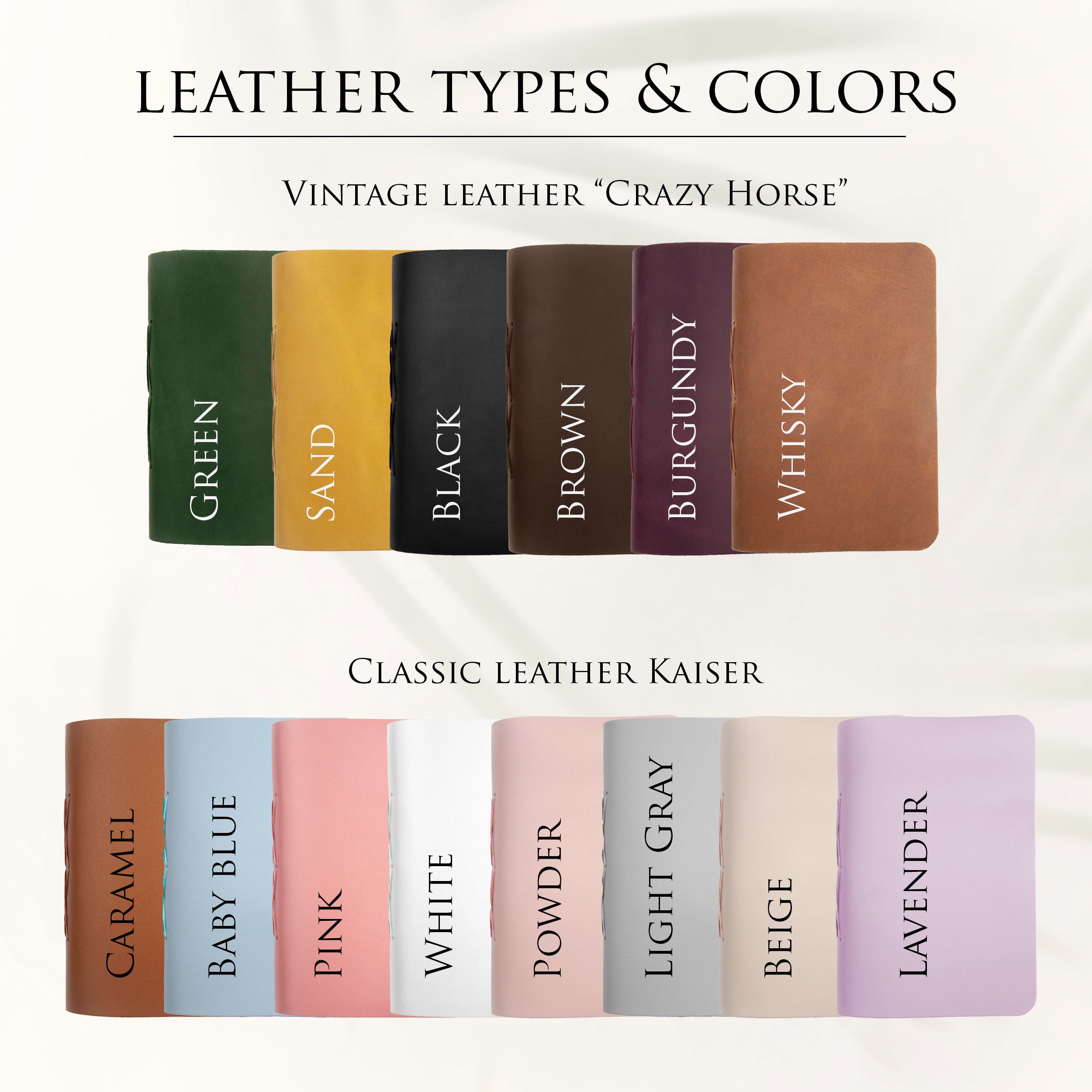 a collection of leather types and colors, including vintage leather and classic leather, as well as a color swatch for each type.