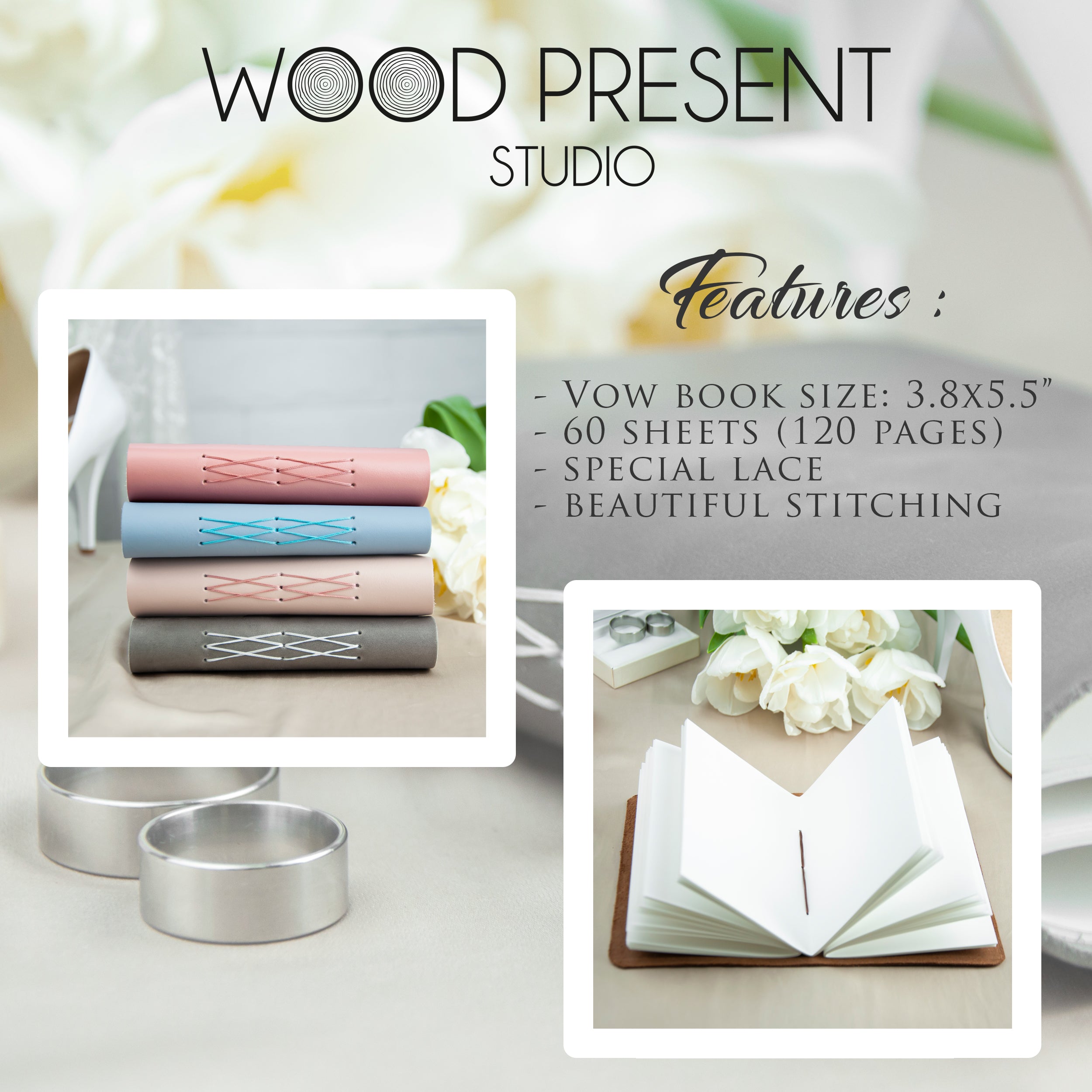 The image is a promotional poster for a "Wood Present Studio" that showcases various items, including a stack of books, a notebook, and a notebook with a beautiful stitching design.