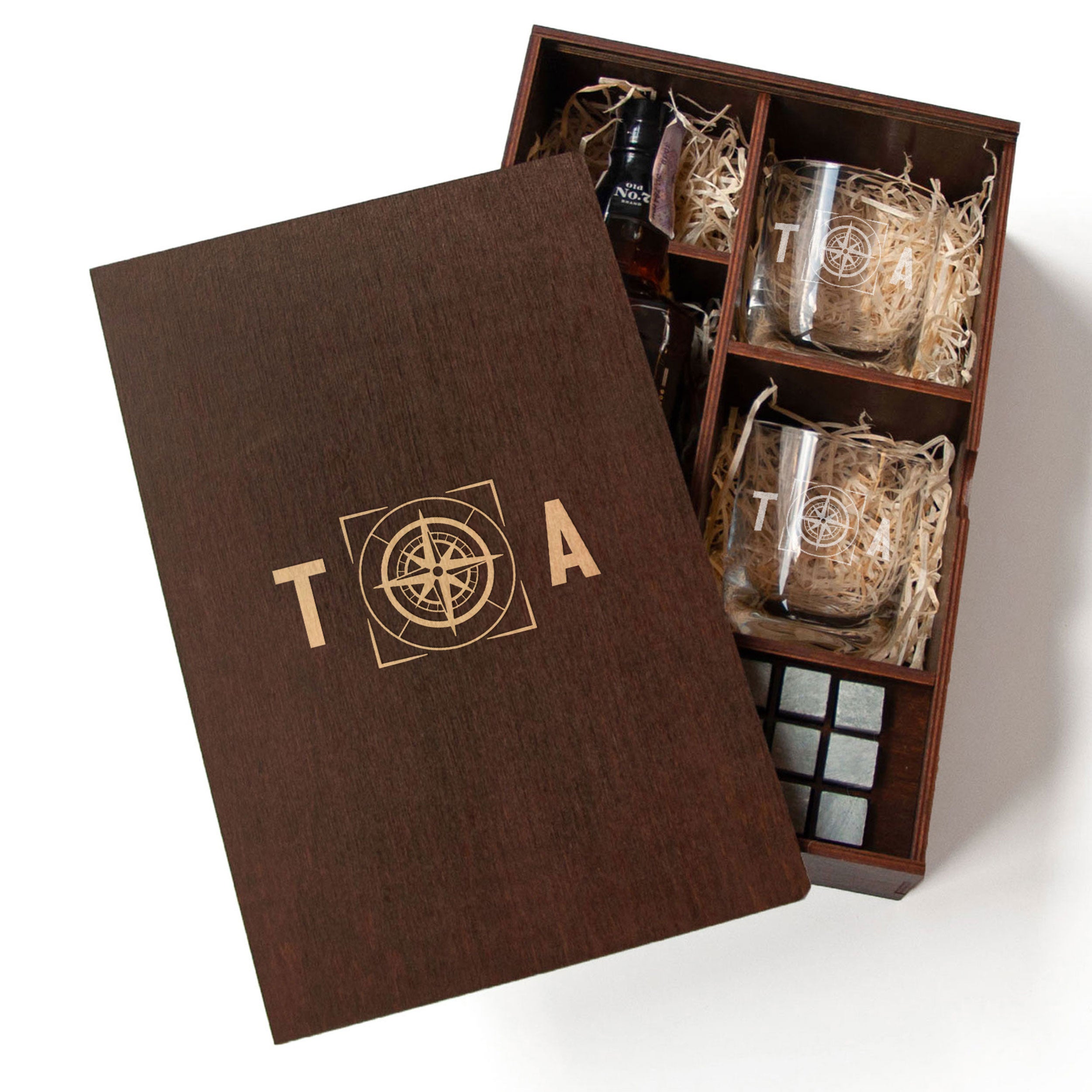 Etched Whisky Glasses & Stones Box Set