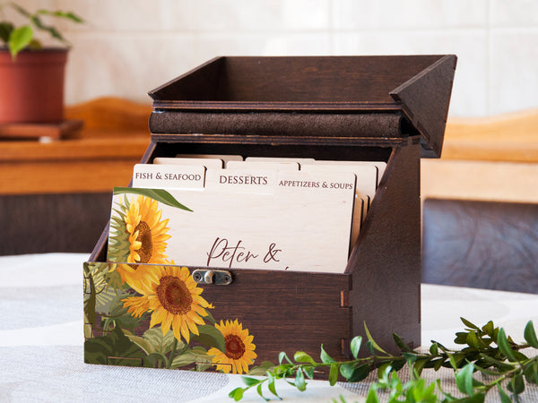 Wooden Recipe Box with Sunflowers - Bridal Shower Gift for Bride
