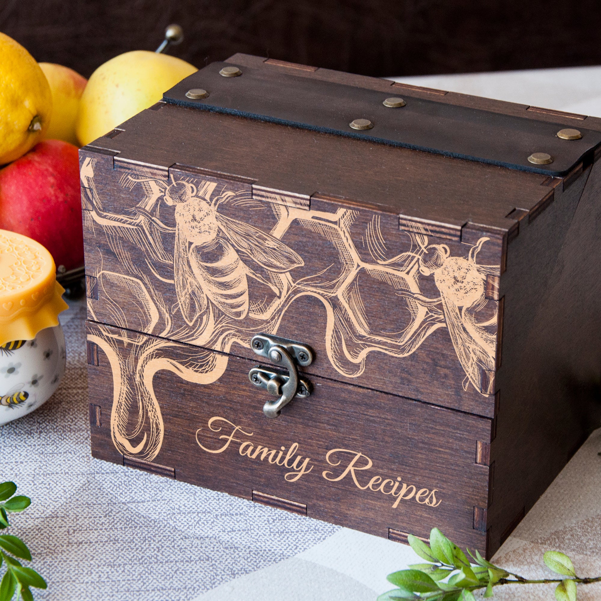 Honeycomb Recipe Box - Christmas Gift for Grandma with Bumble Bee Art