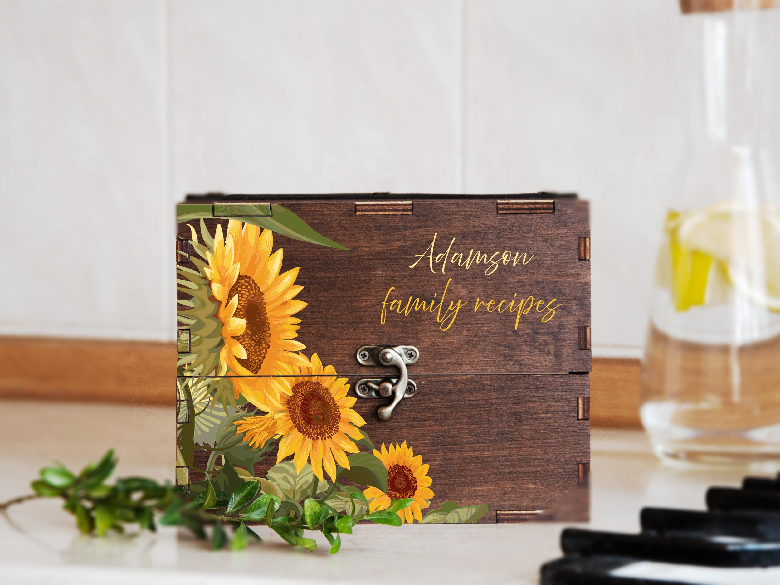 Wooden Recipe Box with Sunflowers - Bridal Shower Gift for Bride