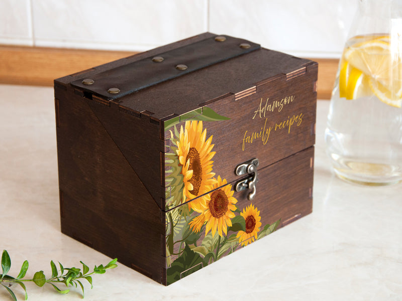 Wooden Recipe Box with Sunflowers - Bridal Shower Gift for Bride