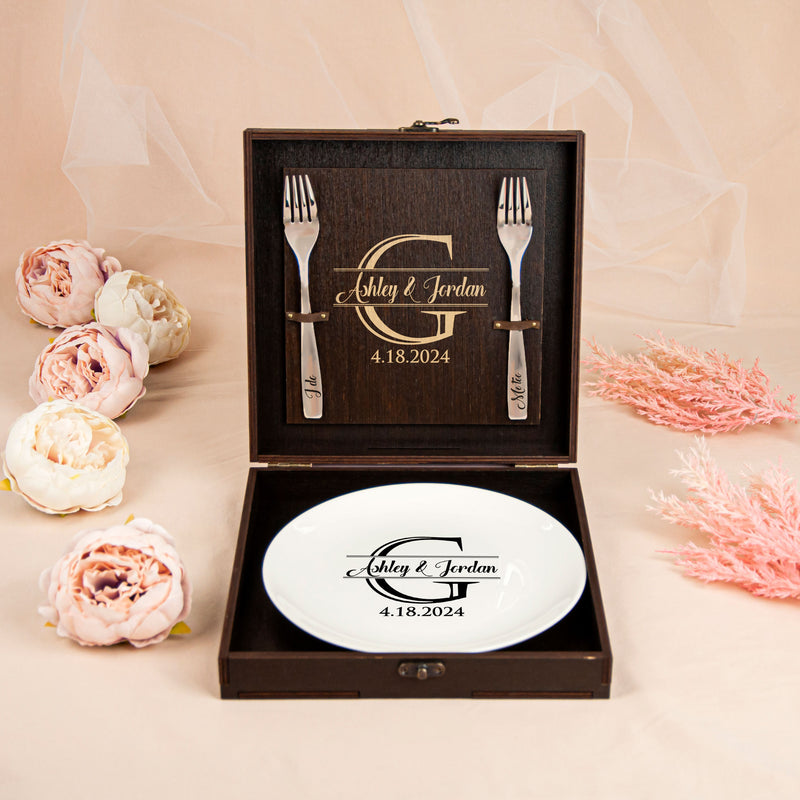 Name Plate with Family Monogram & Engraved Forks - Wedding Gift for Couple