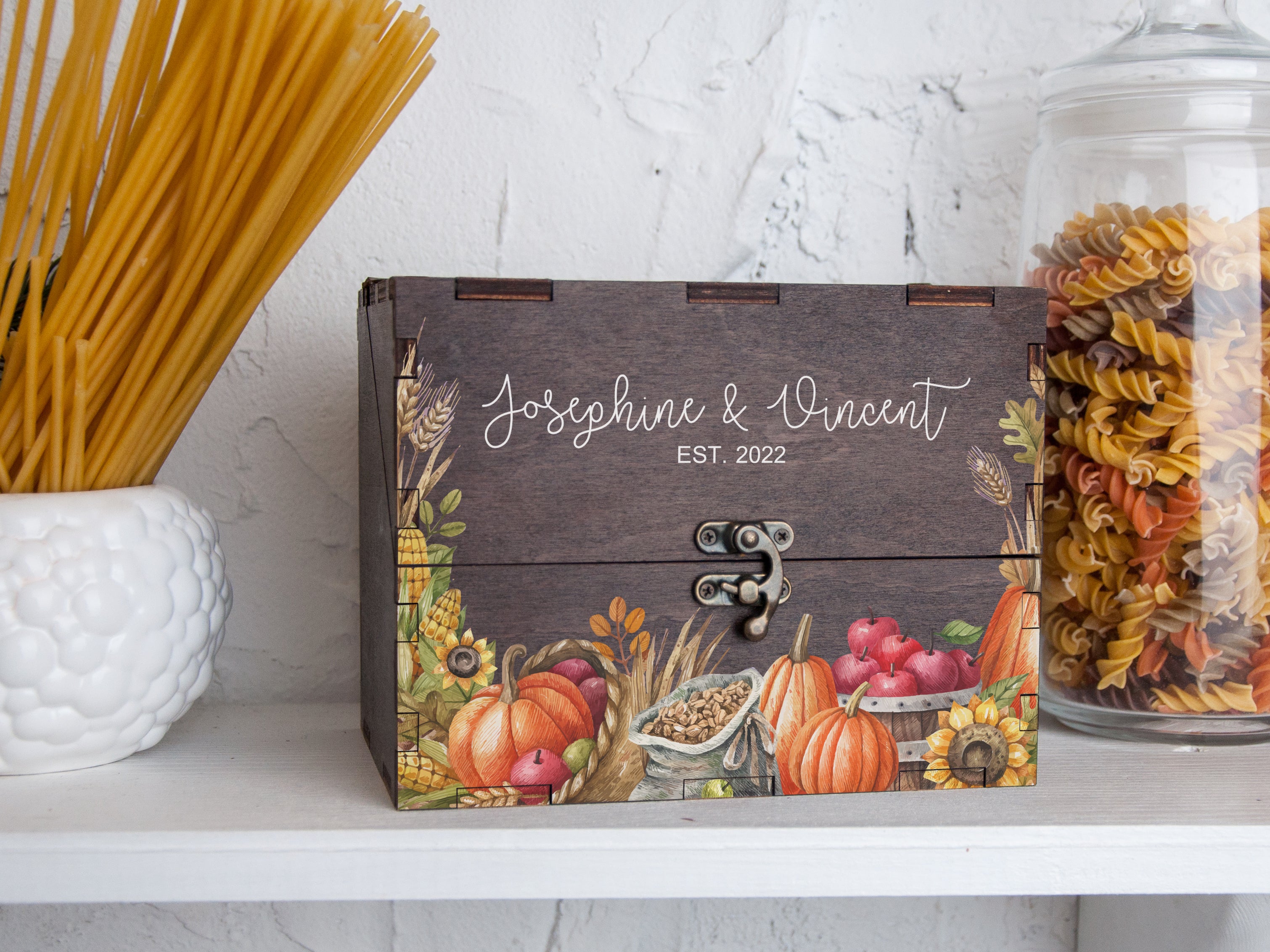 Farmhouse Recipe Card Box with Dividers 4x6 or 5x7 - Fall Bridal Shower Gift