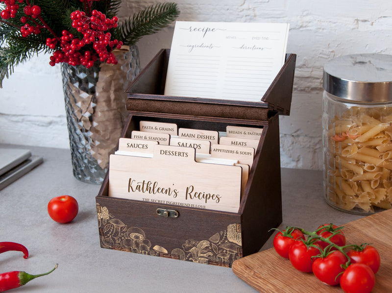 Mushrooms recipe box with recipe dividers & cards - Gift for a sister on wedding day