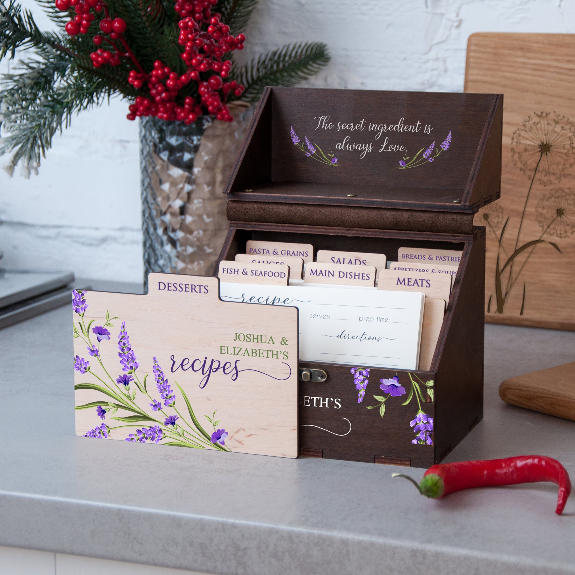 Lavender flowers recipe card box 4x6 with dividers & cards - Personalized bridal shower gifts