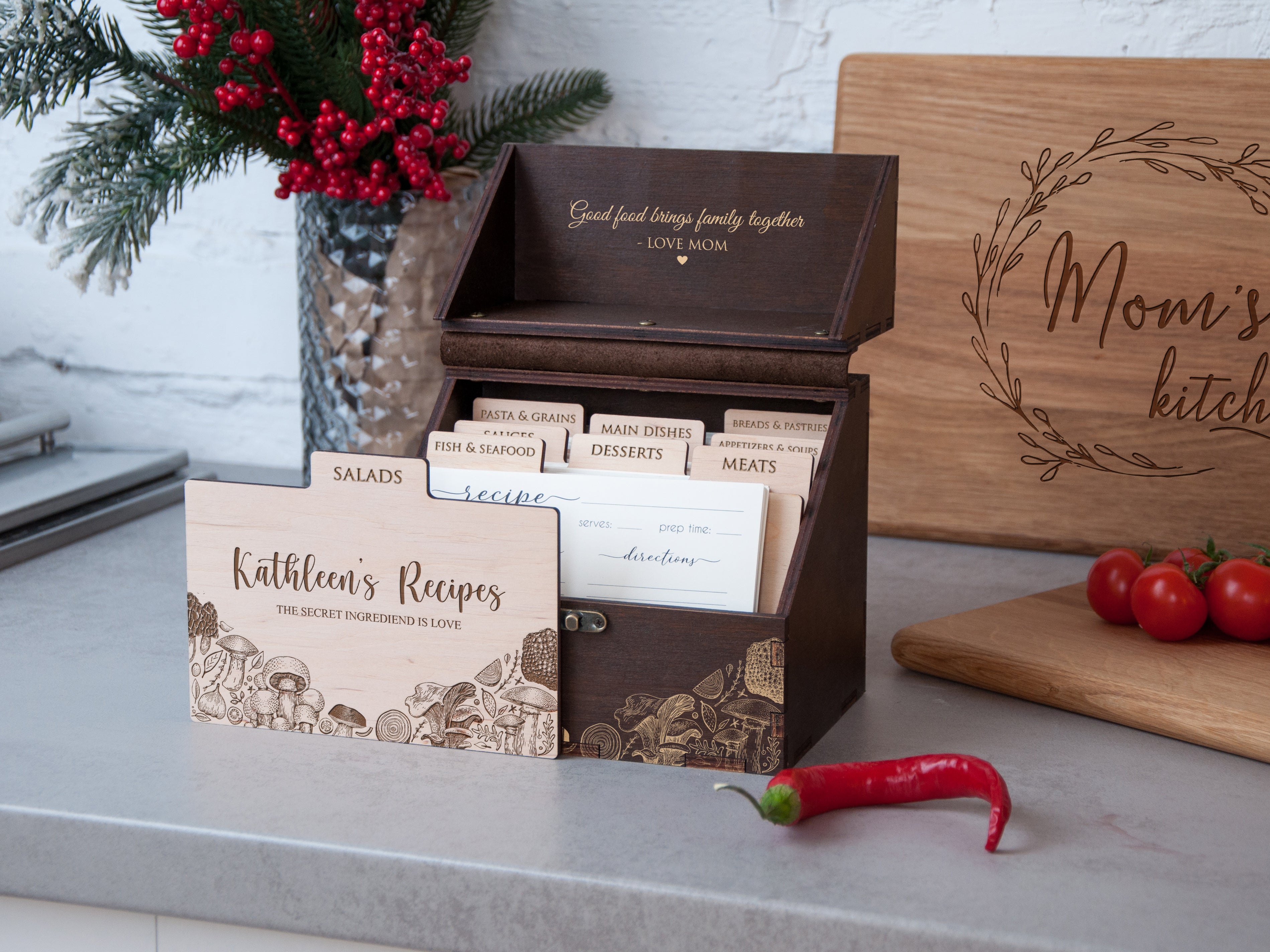 Mushrooms recipe box with recipe dividers & cards - Gift for a sister on wedding day