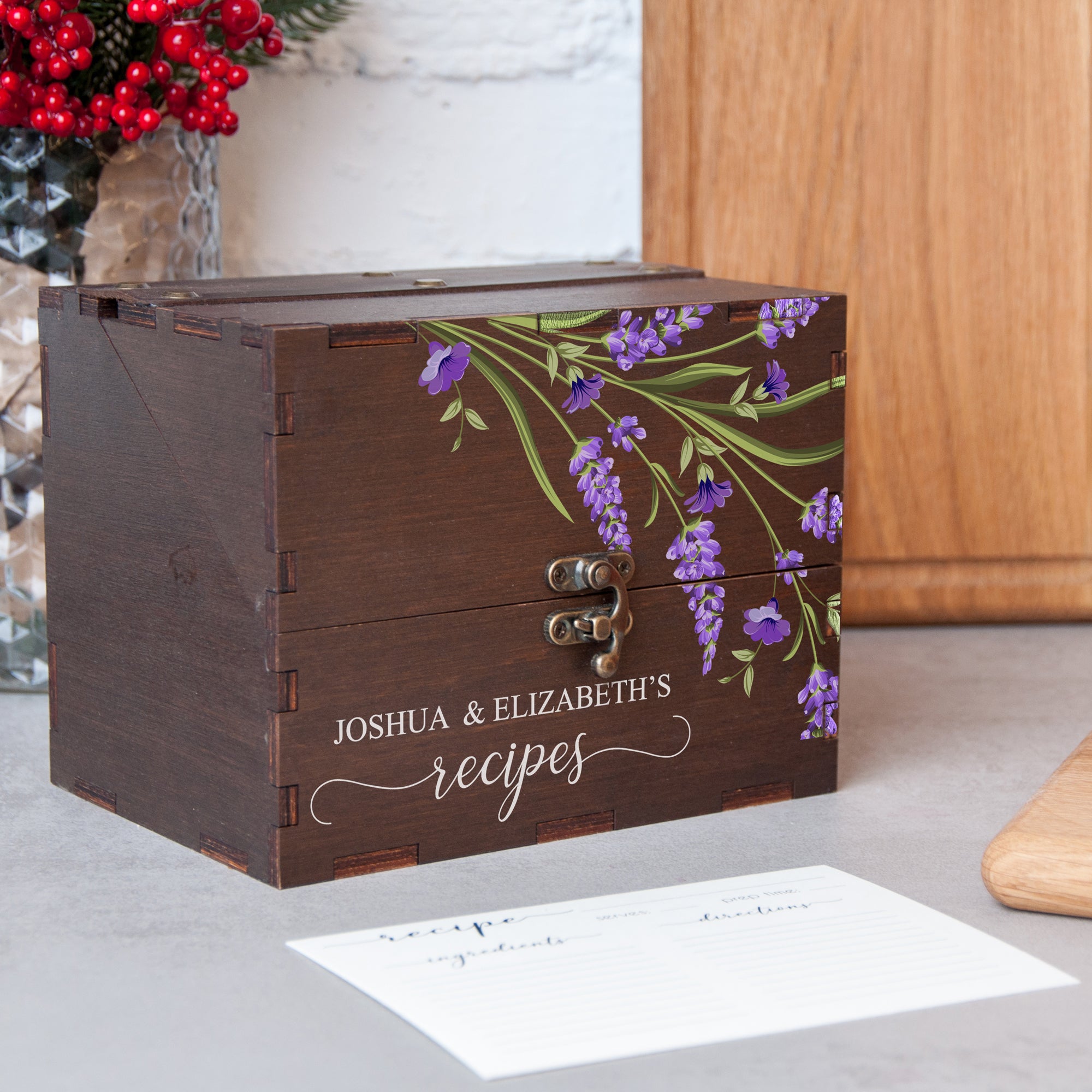 Lavender flowers recipe card box 4x6 with dividers & cards - Personalized bridal shower gifts