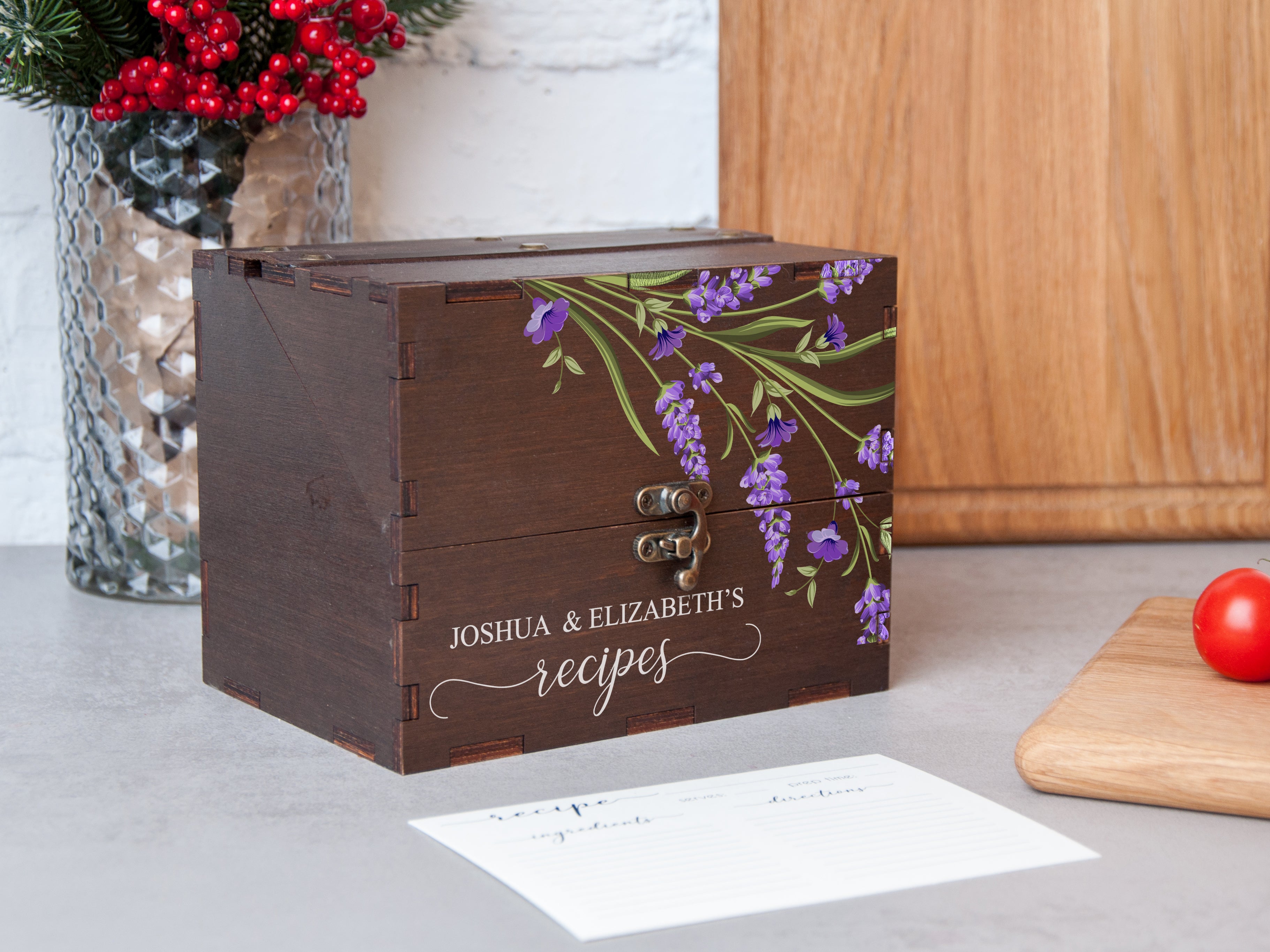 Lavender flowers recipe card box 4x6 with dividers & cards - Personalized bridal shower gifts