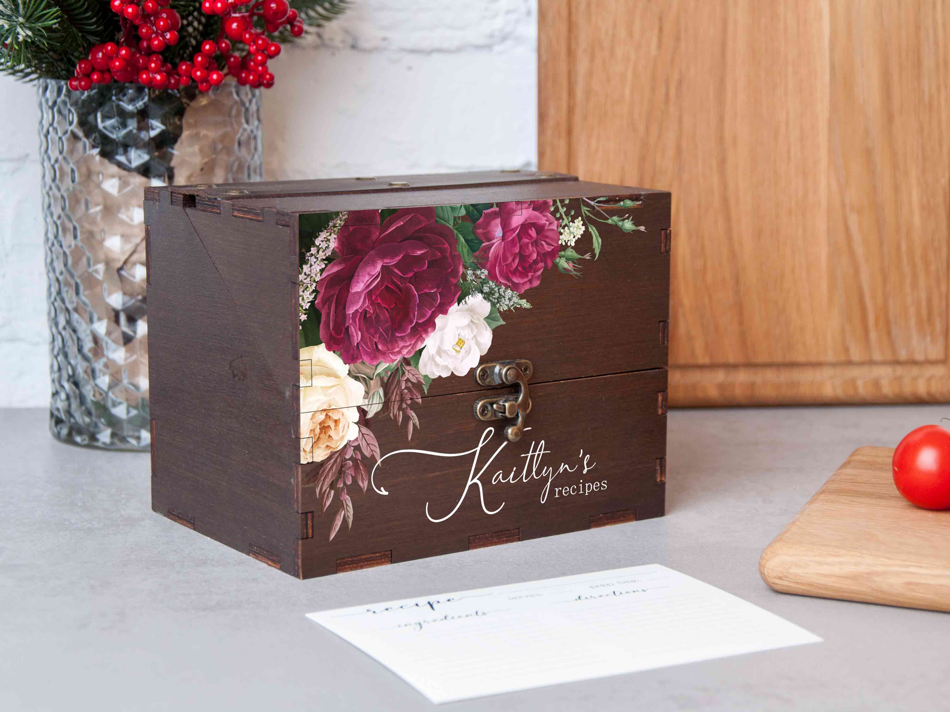 Floral recipe card box - Personalized Christmas gift for mom