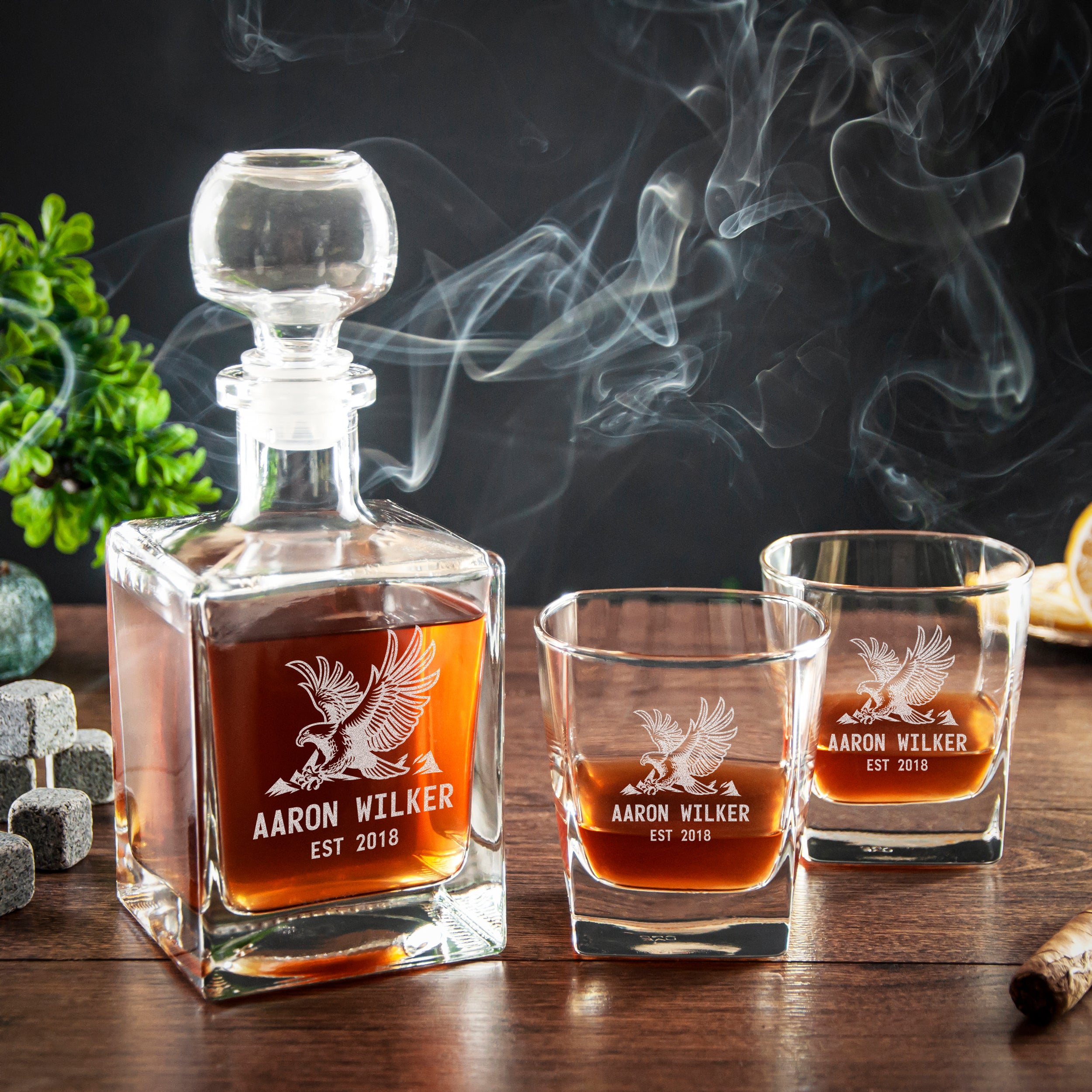 Custom Engraved Decanter Set with Whiskey Glasses  with Eagle - Mens Cave Gifts