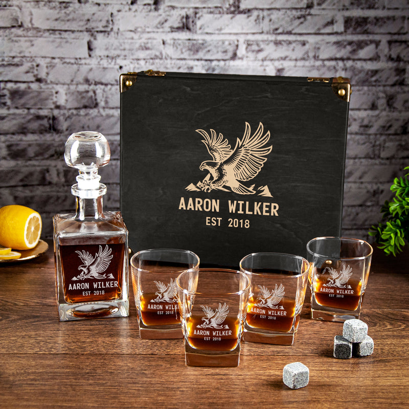 Custom Engraved Decanter Set with Whiskey Glasses  with Eagle - Mens Cave Gifts