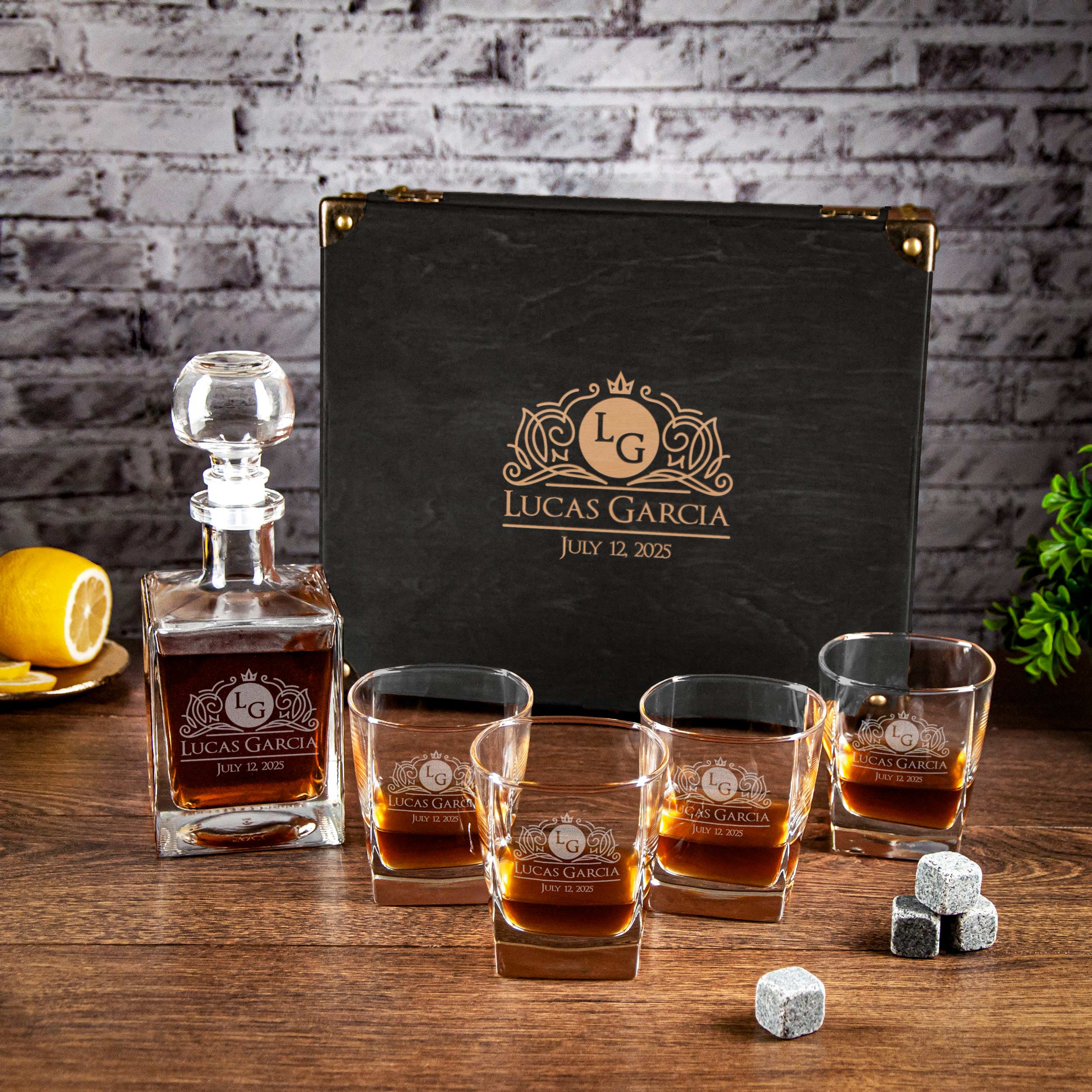 Custom Engraved Decanter Set with Whiskey Glasses  with Eagle - Mens Cave Gifts