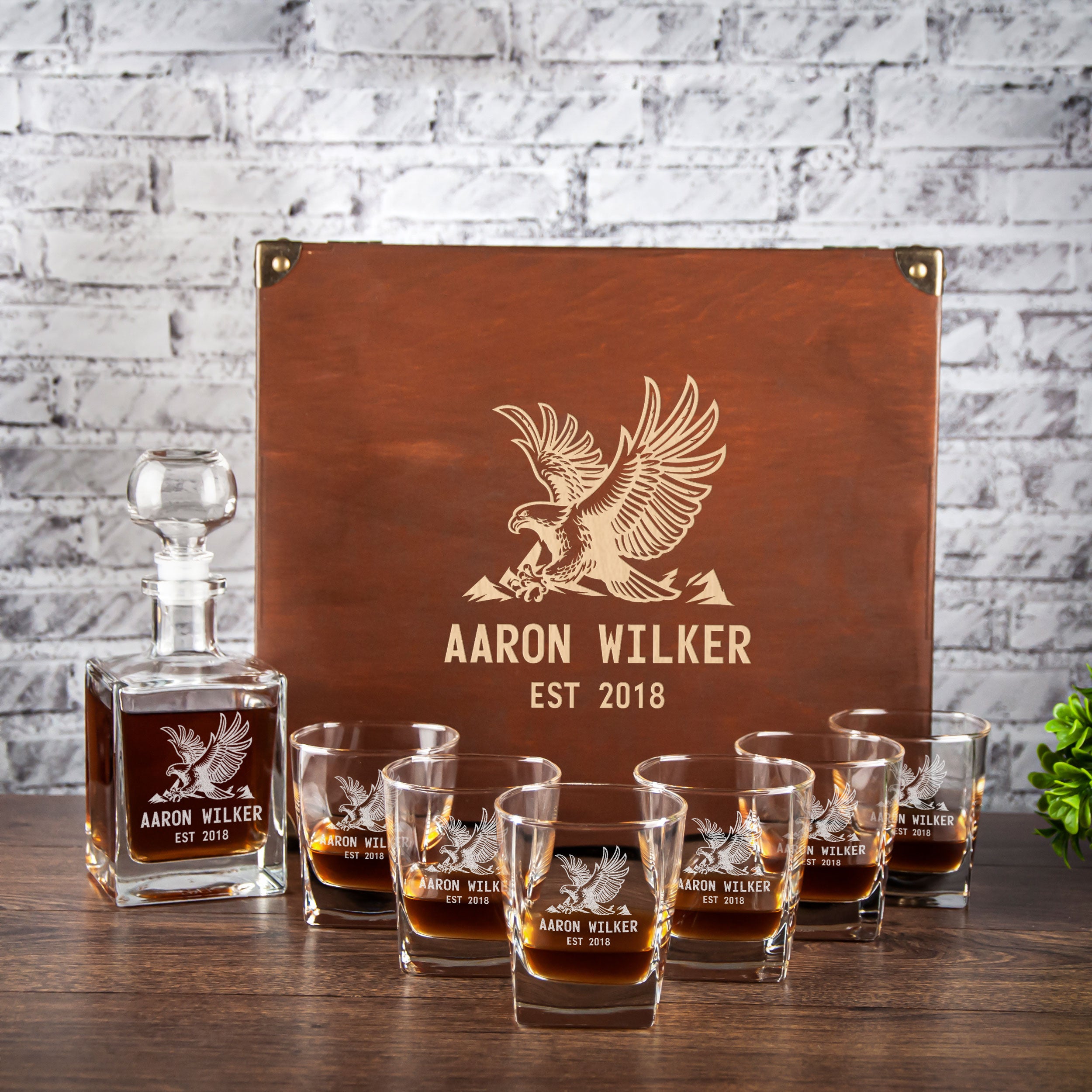 Custom Engraved Decanter Set with Whiskey Glasses  with Eagle - Mens Cave Gifts