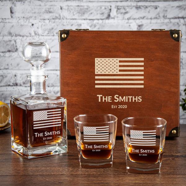 Etched Decanter Set with USA Flag - Christmas Family Gifts