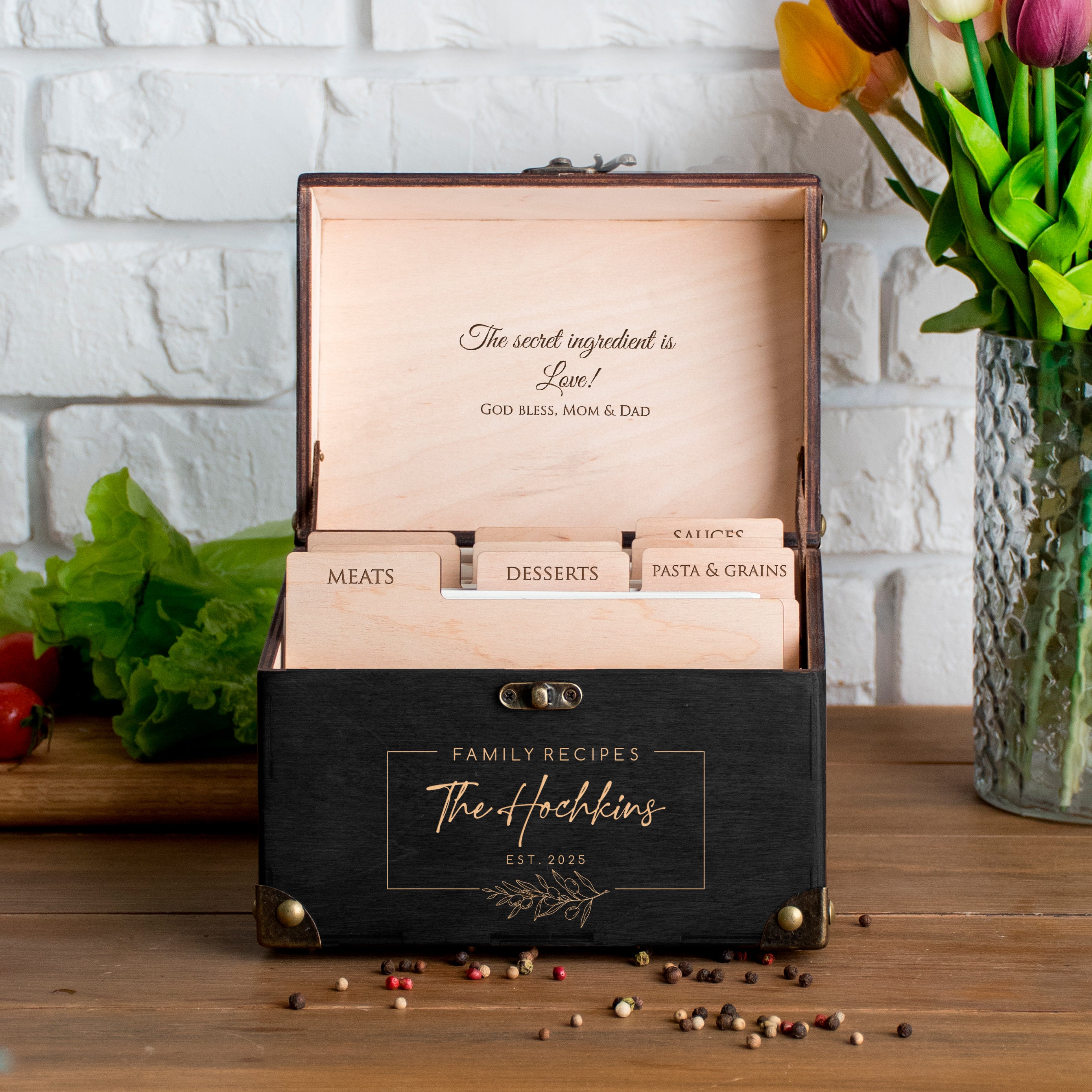 Wooden Heirloom Recipe Box with Dividers and Cards - Kitchen Recipe Storage Box