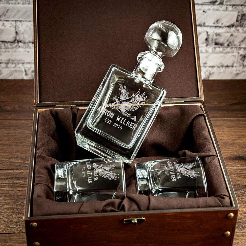 Custom Engraved Decanter Set with Whiskey Glasses  with Eagle - Mens Cave Gifts