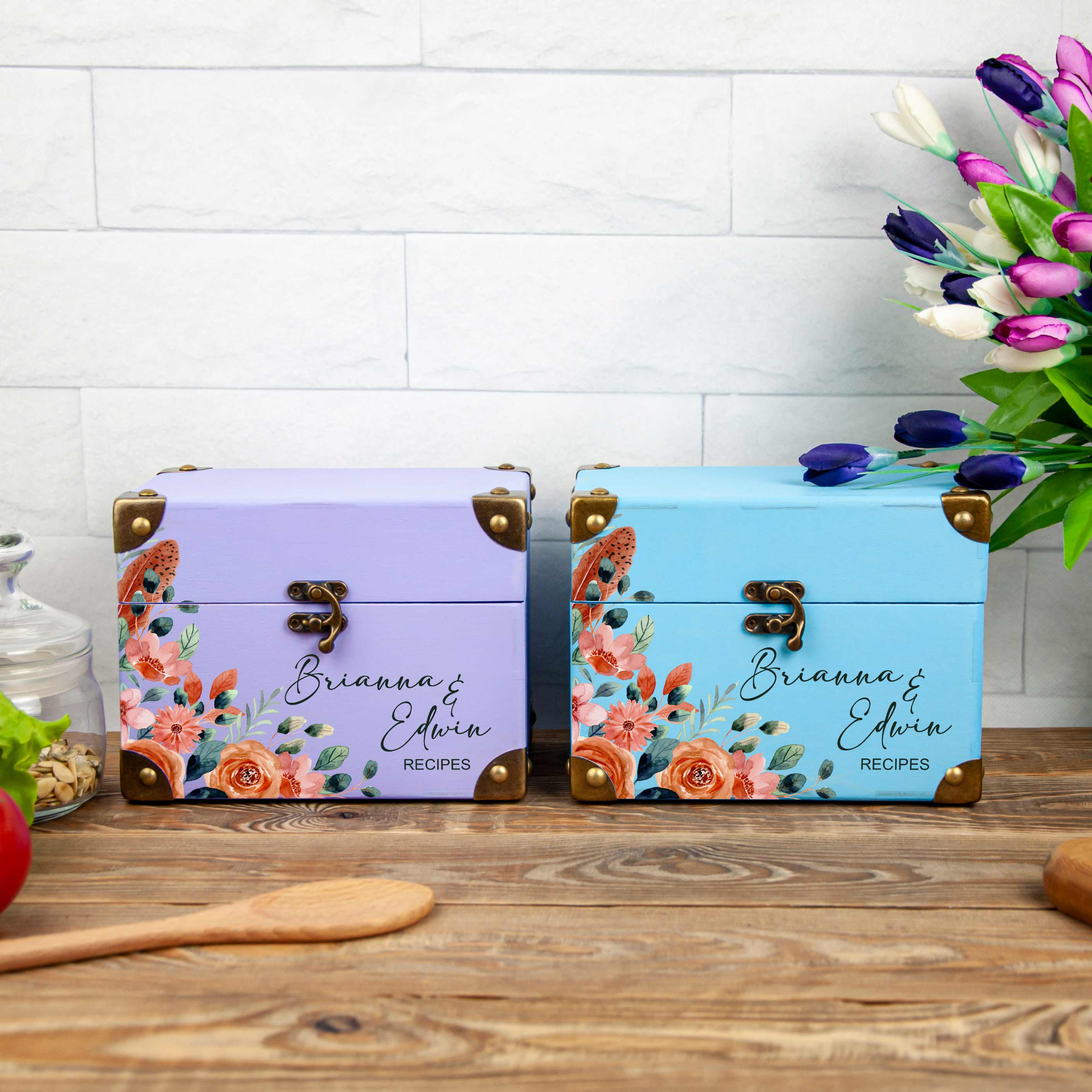 Wooden Recipe Organizer with Dividers & Cards - Bridal Shower Gift for Bride to Be