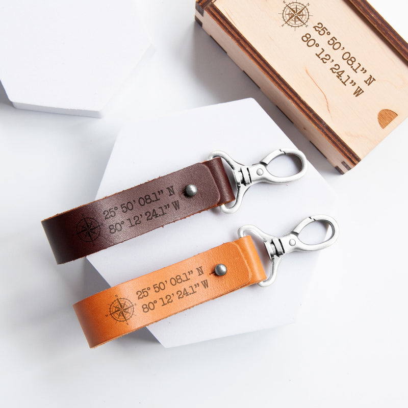 Personalized Leather Keychain with GPS Coordinates