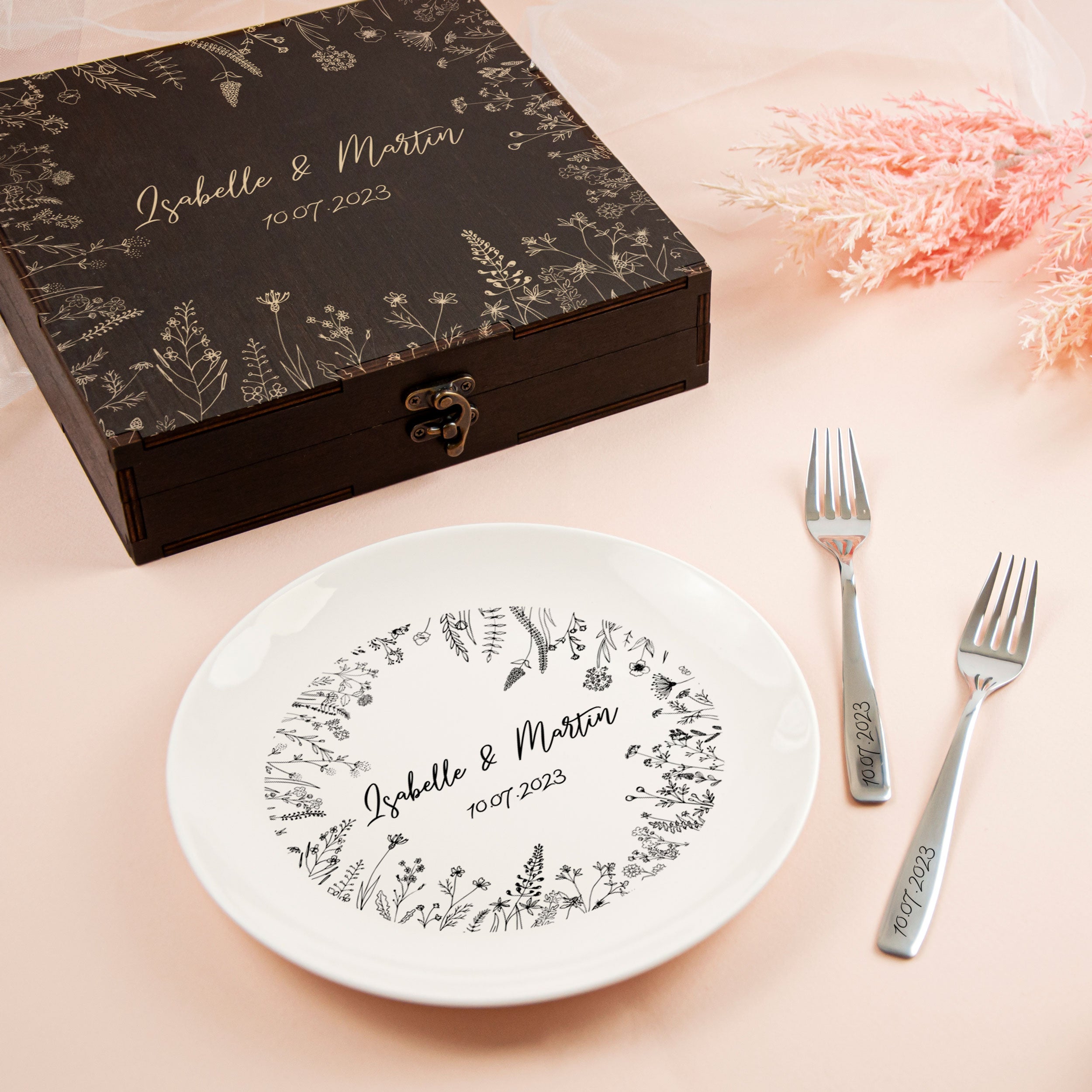 Mr & Mrs Plate with Forks Set with Wildflowers - Engagement Gifts