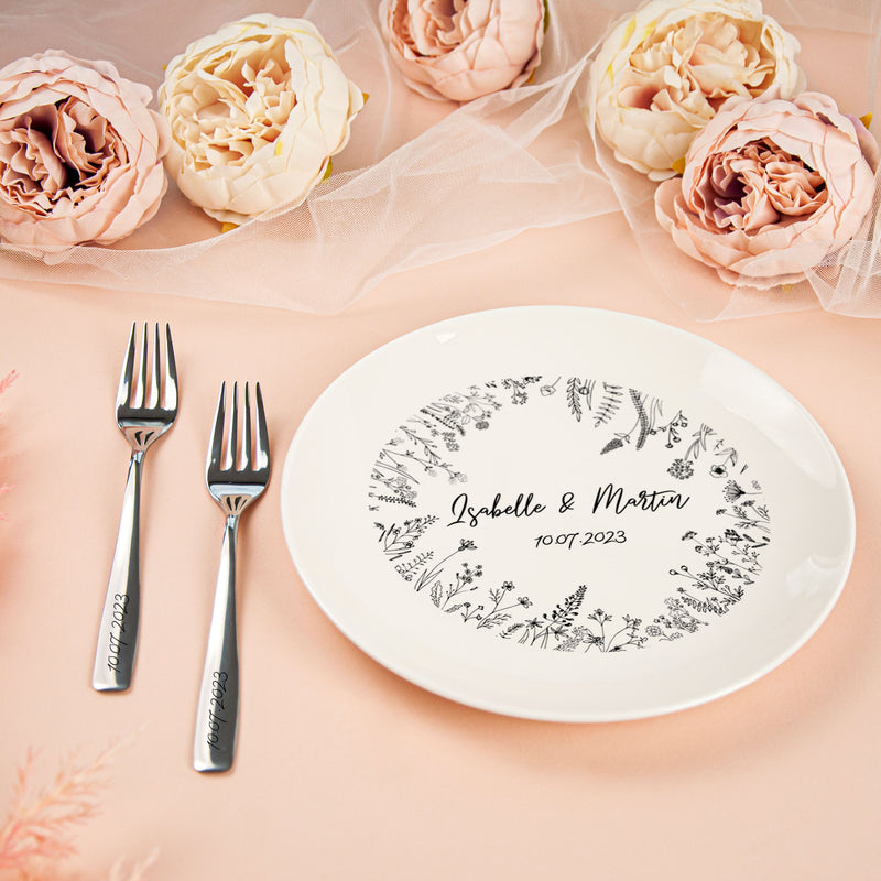 Mr & Mrs Plate with Forks Set with Wildflowers - Engagement Gifts