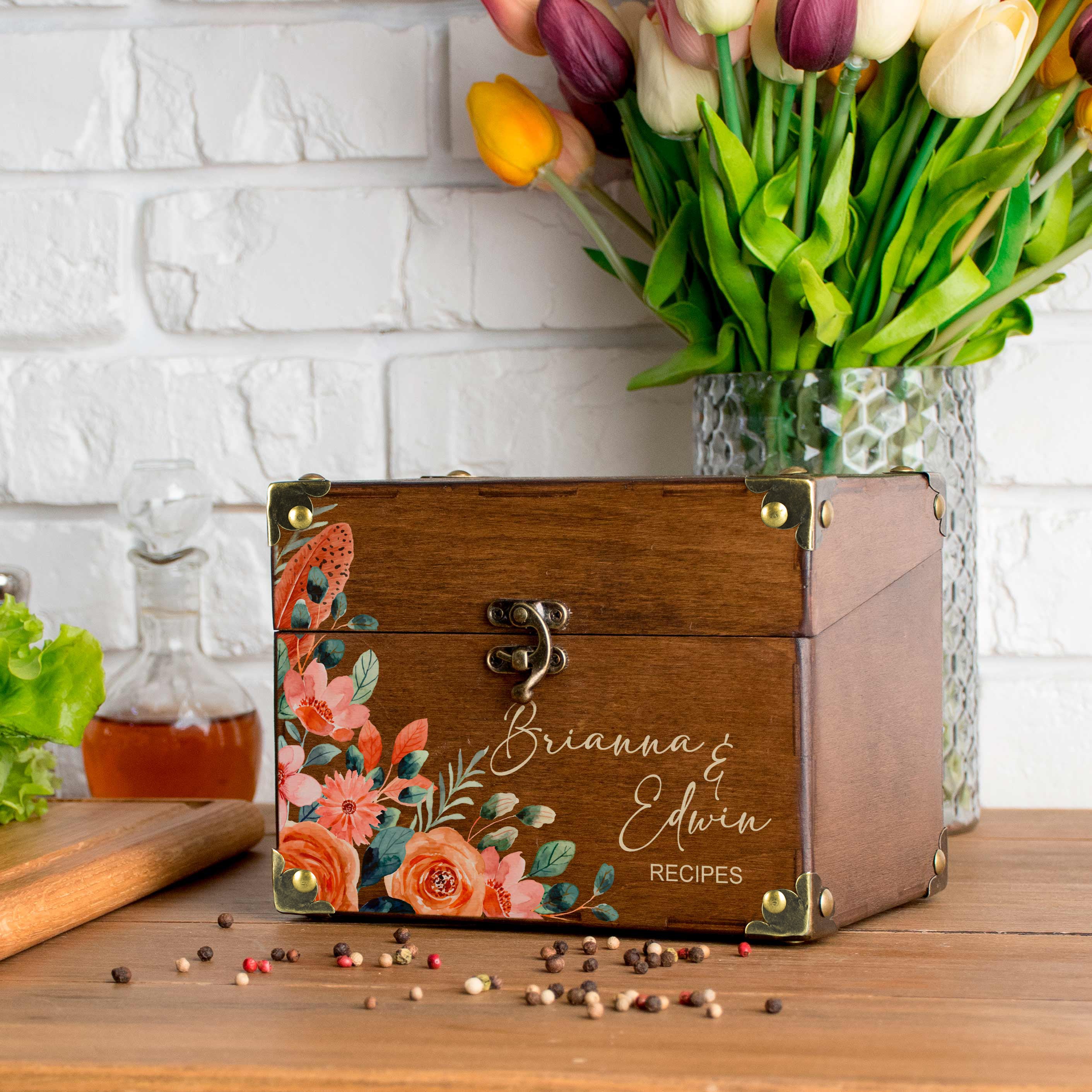 Wooden Recipe Organizer with Dividers & Cards - Bridal Shower Gift for Bride to Be