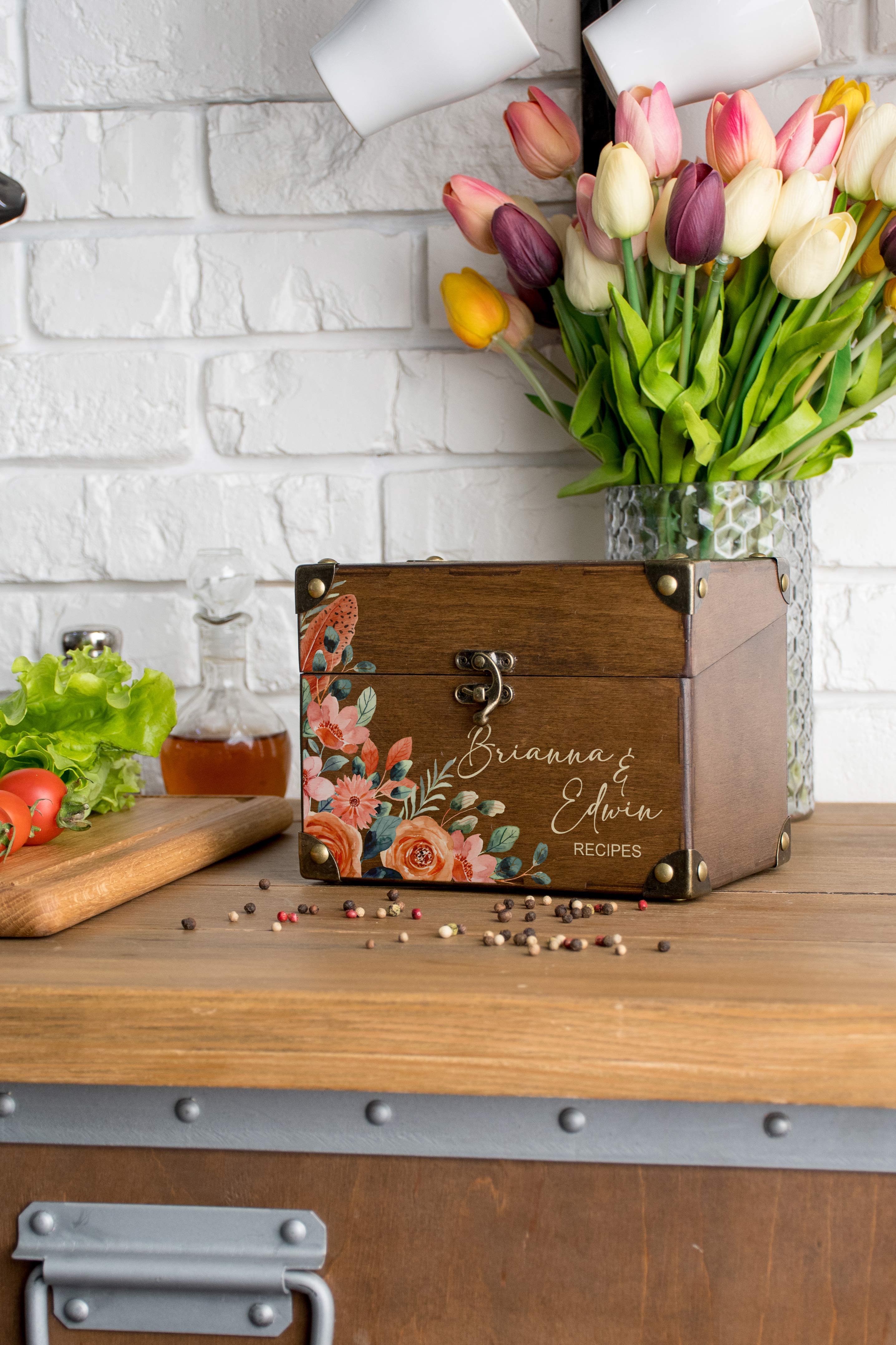 Wooden Recipe Organizer with Dividers & Cards - Bridal Shower Gift for Bride to Be