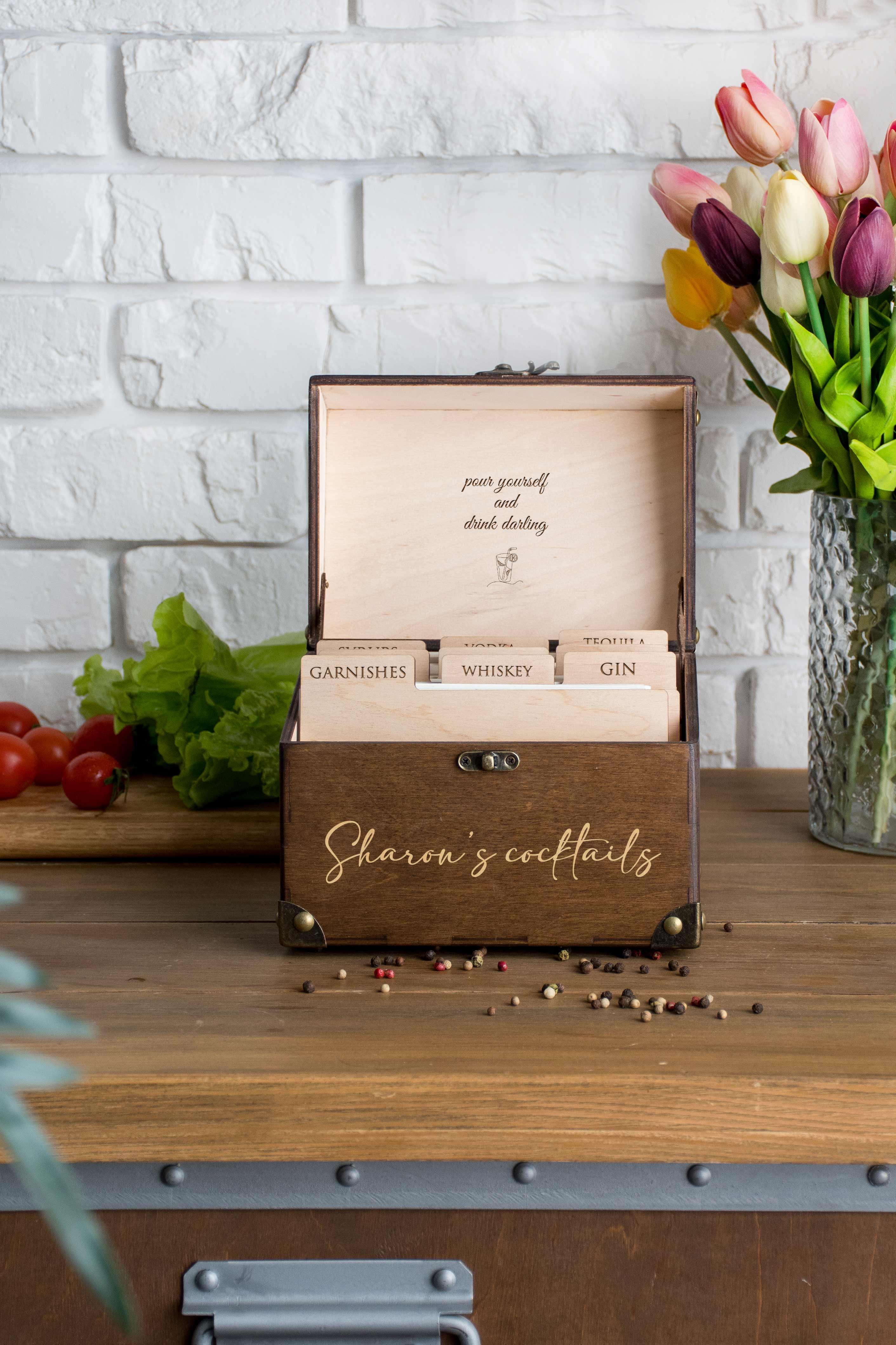 Cocktail Recipe Box - Bar Recipe Storage Box - Bartender Gift