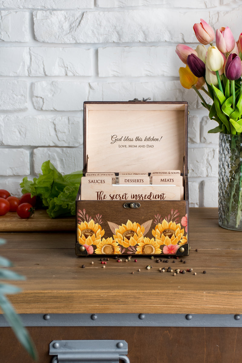 Customized Recipe Box - Housewarming Kitchen Gift with Sunflowers