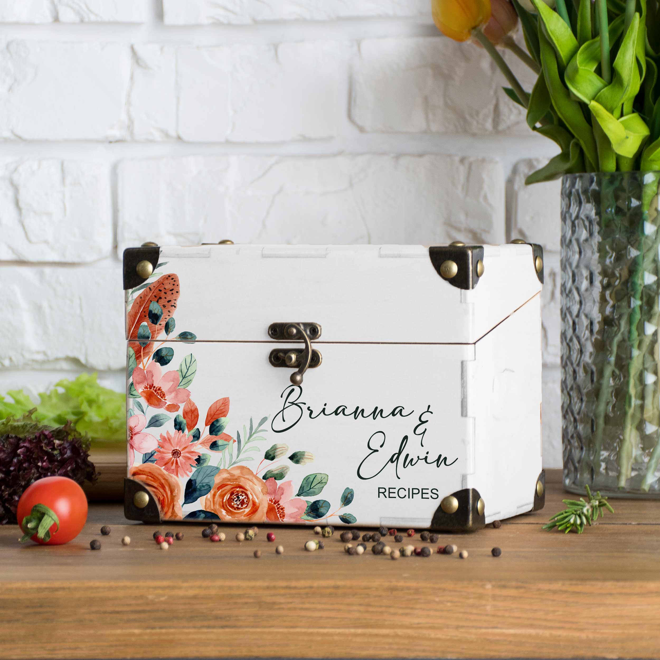 Wooden Recipe Organizer with Dividers & Cards - Bridal Shower Gift for Bride to Be