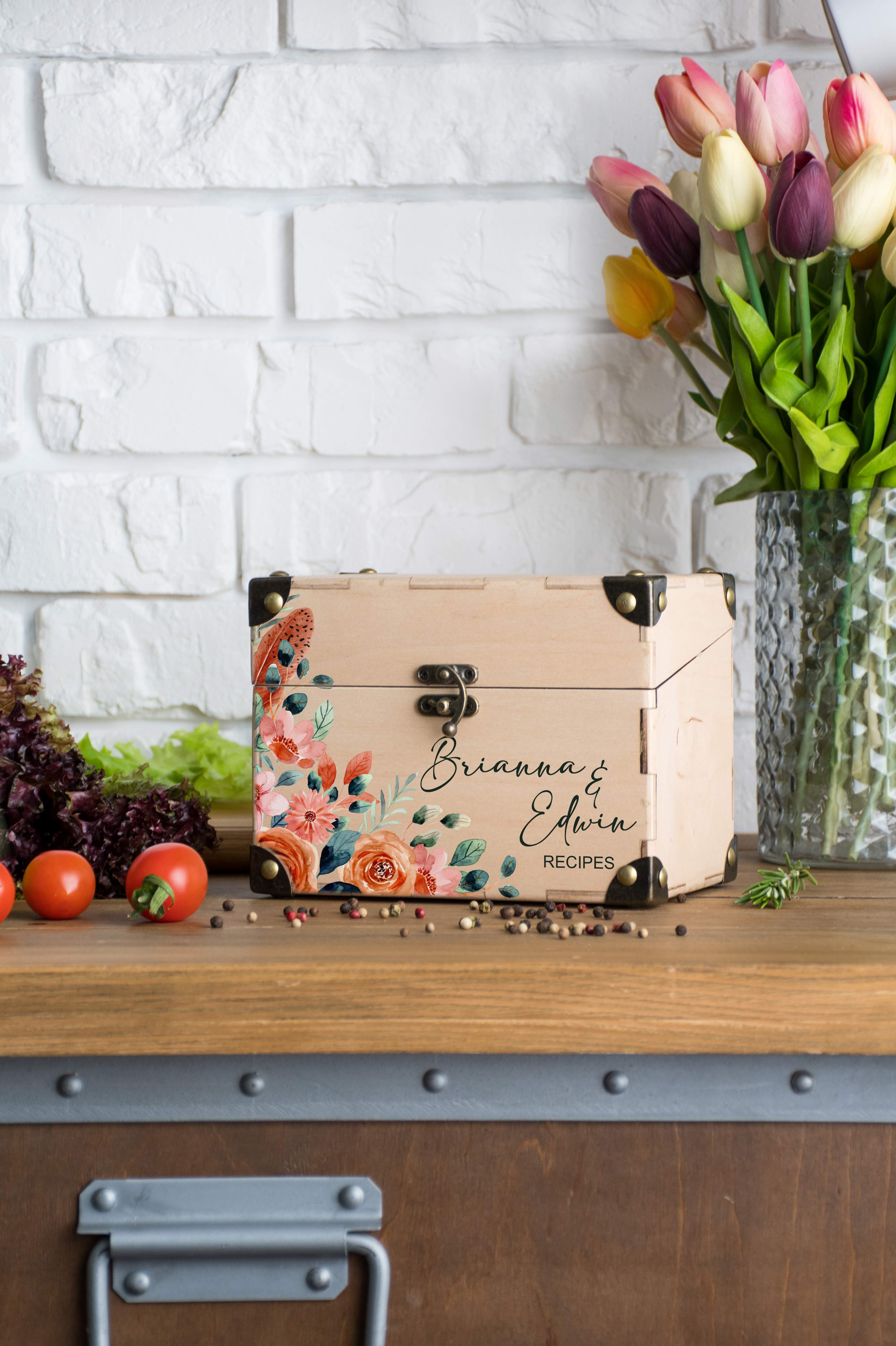 Wooden Recipe Organizer with Dividers & Cards - Bridal Shower Gift for Bride to Be