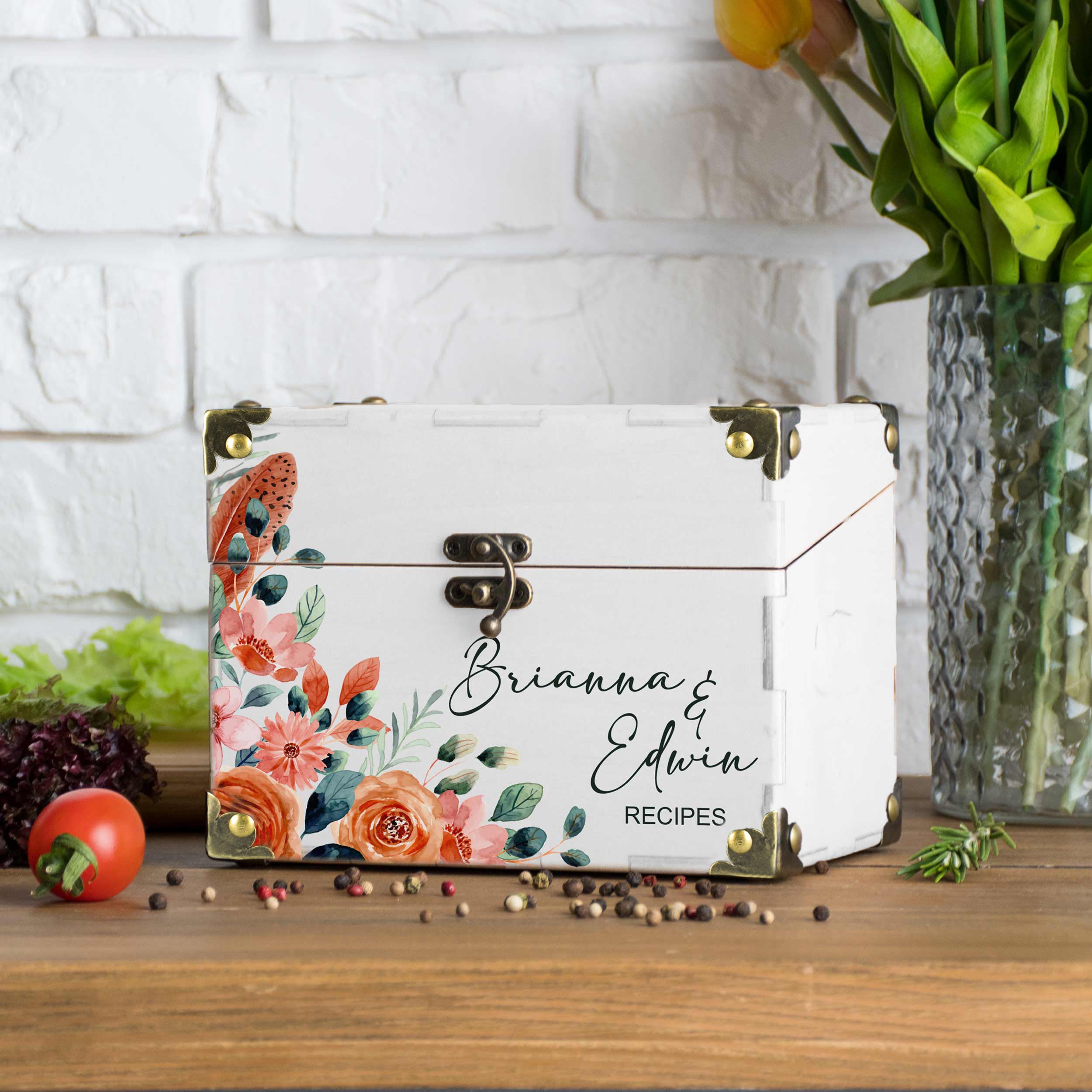 Wooden Recipe Organizer with Dividers & Cards - Bridal Shower Gift for Bride to Be