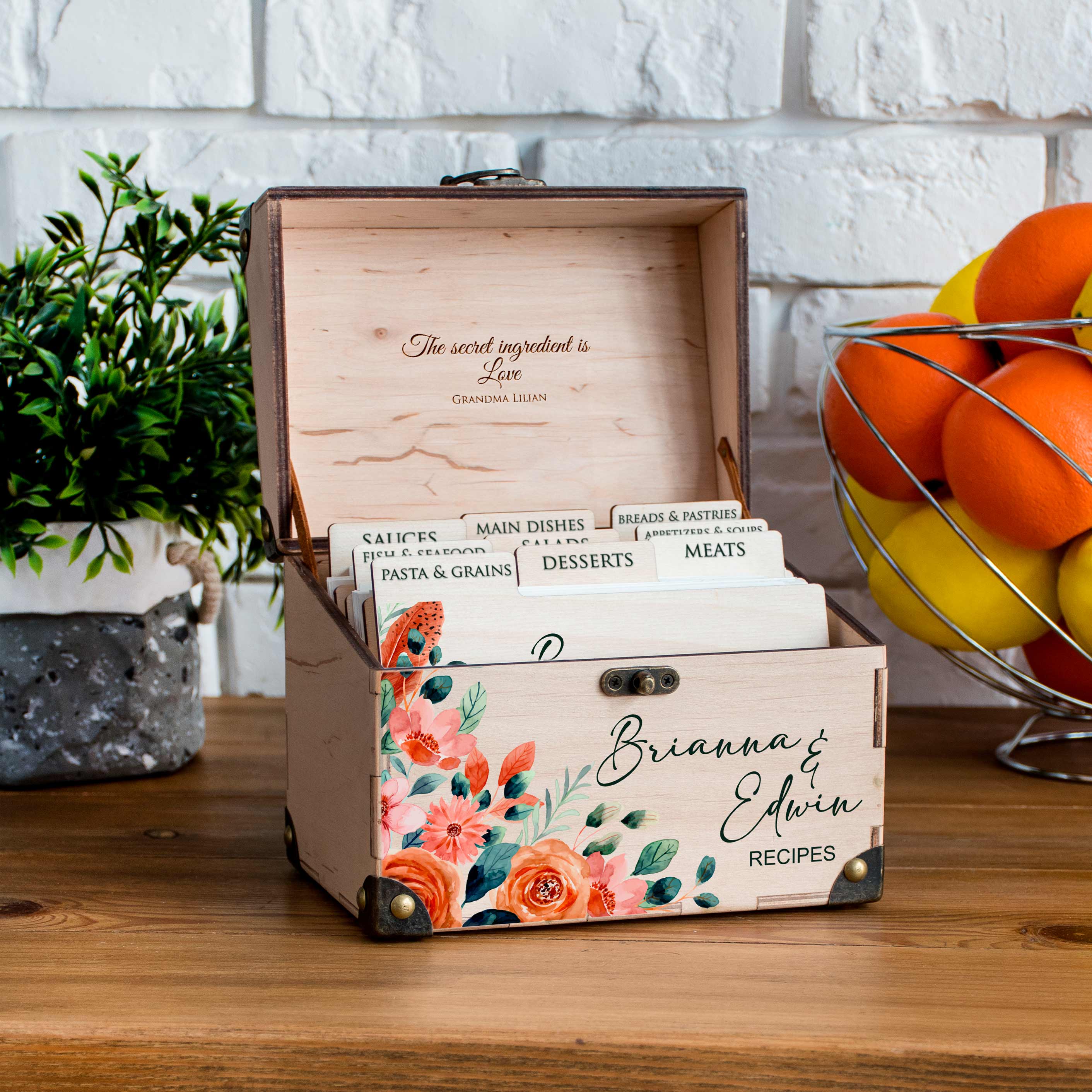 Wooden Recipe Organizer with Dividers & Cards - Bridal Shower Gift for Bride to Be