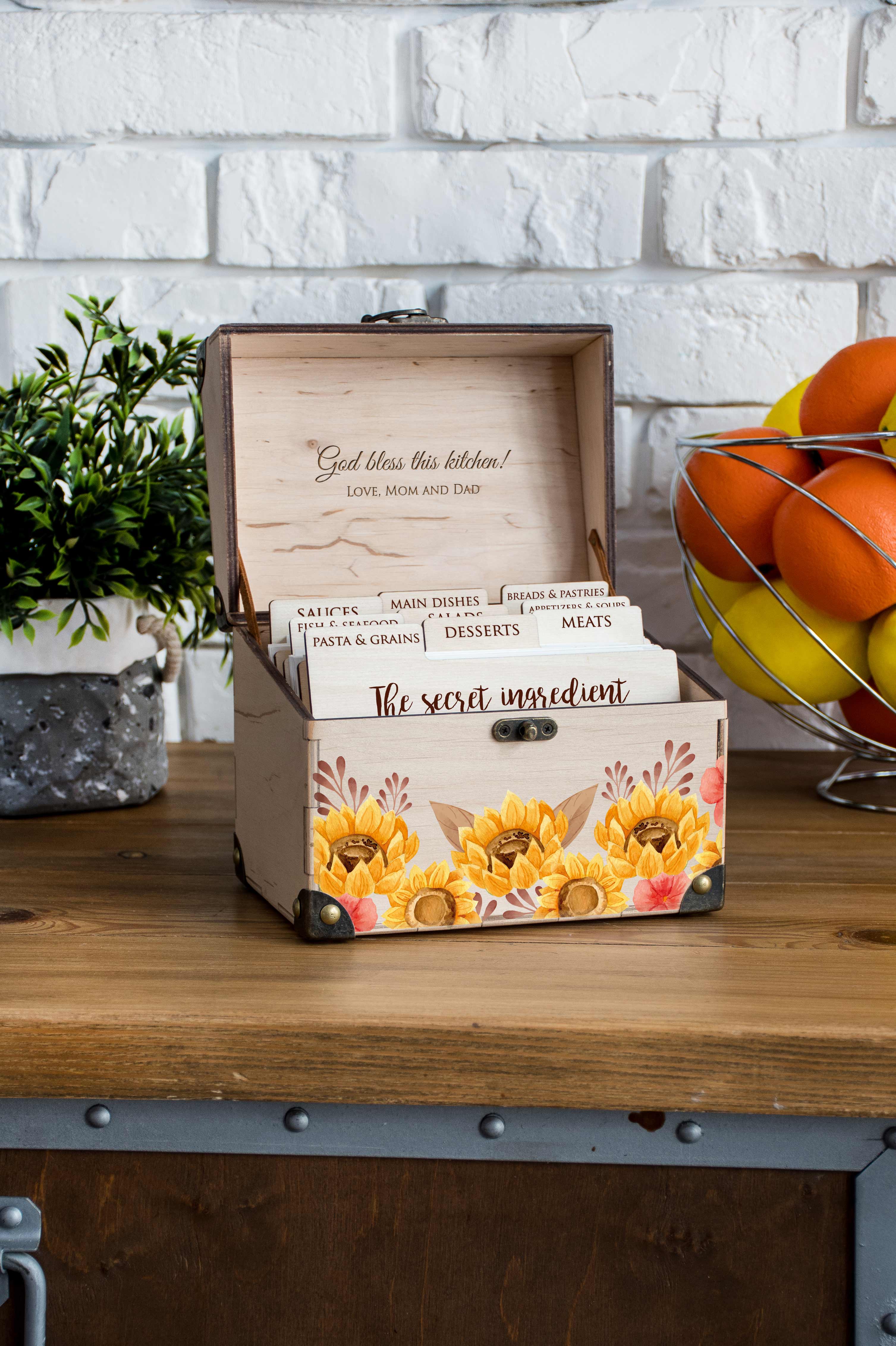 Customized Recipe Box - Housewarming Kitchen Gift with Sunflowers