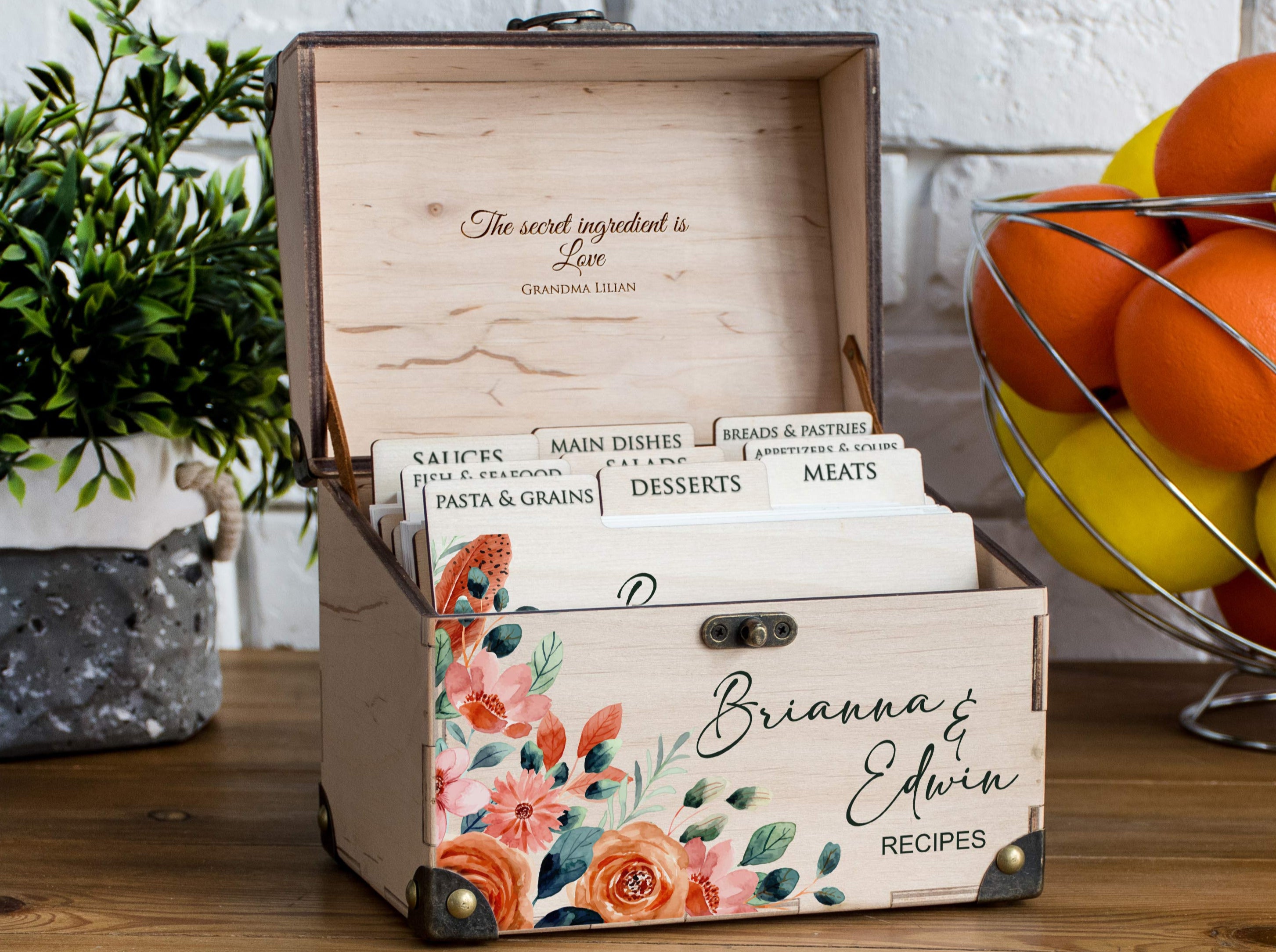 Wooden Recipe Organizer with Dividers & Cards - Bridal Shower Gift for Bride to Be